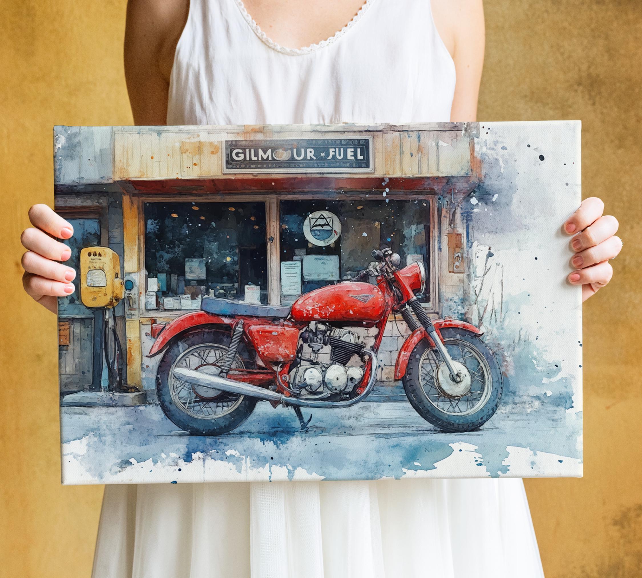 A person is holding a framed painting of a red motorcycle in front of a gas station.
