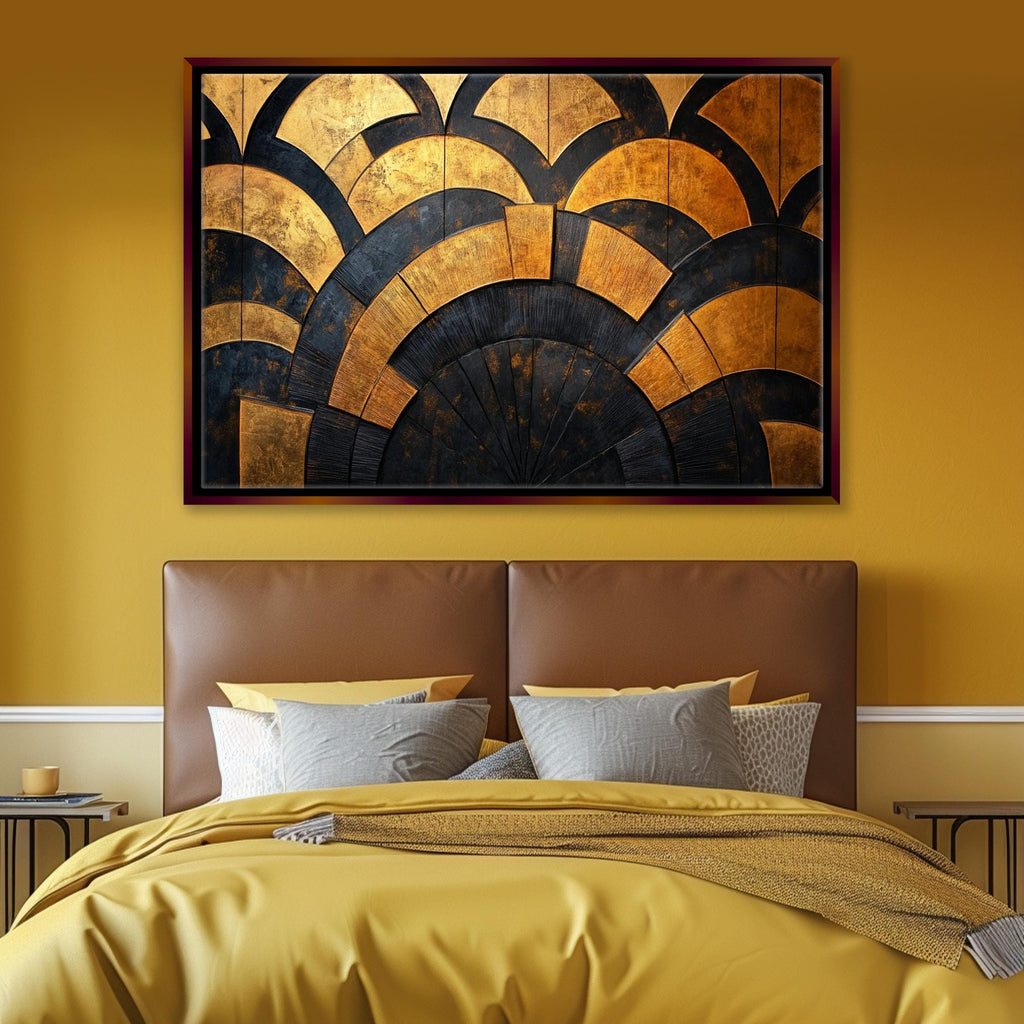a bedroom with a large painting on the wall above the bed
