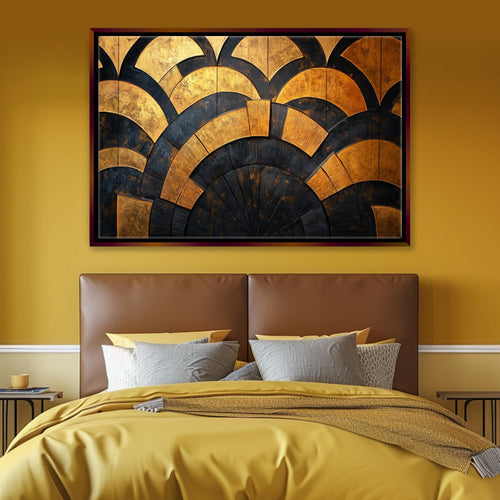 a bedroom with a large painting on the wall above the bed