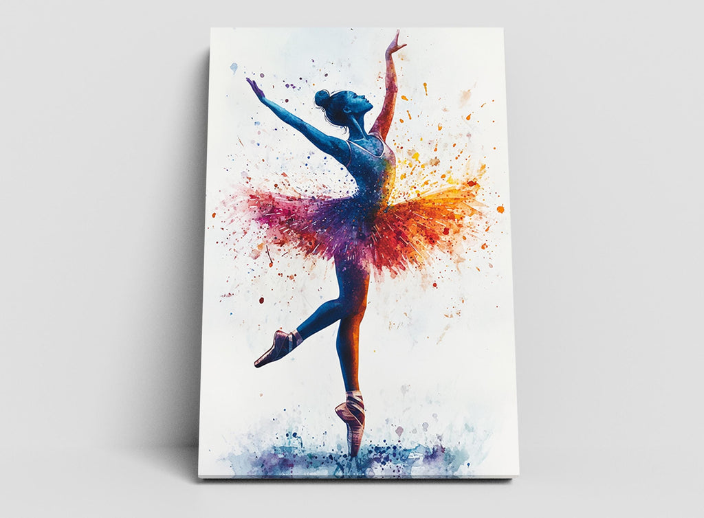 A painting of a ballerina in a tutu, with her arms raised and her body in a dynamic pose, surrounded by splashes of color.