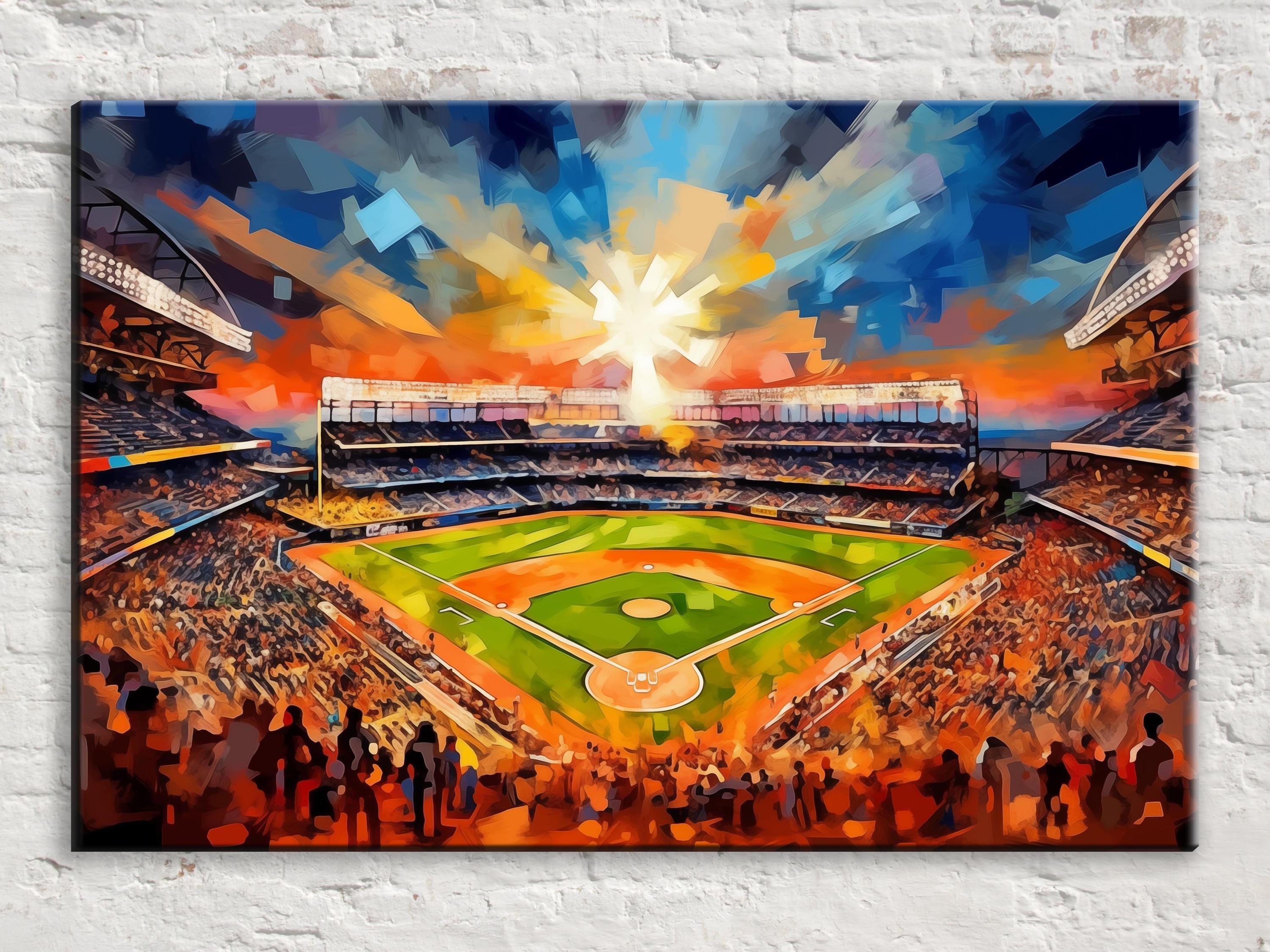 A vibrant, abstract painting depicting a baseball stadium filled with spectators during a game, with a dramatic sky and sunburst effect in the background.