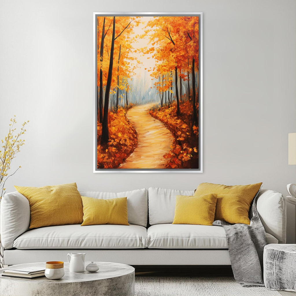 a large painting of a forest path with orange trees on the wall above a white couch with yellow pillows in a living room setting.