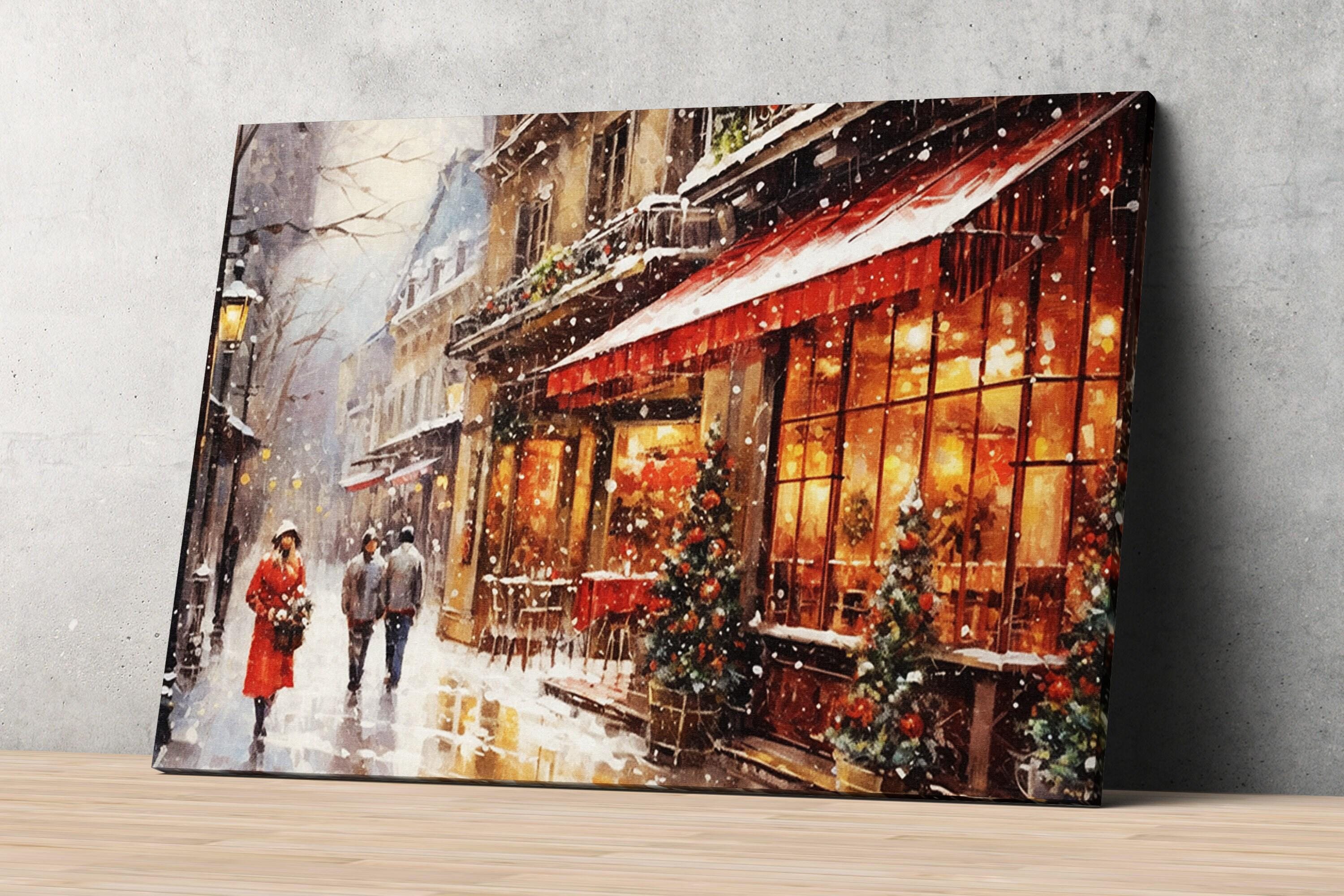 Winter Cityscape Watercolor - Holiday Home Decor, Giclee Print on Canvas, Artist Paper, Watercolor Paper, Available in Extra Large Sizes
