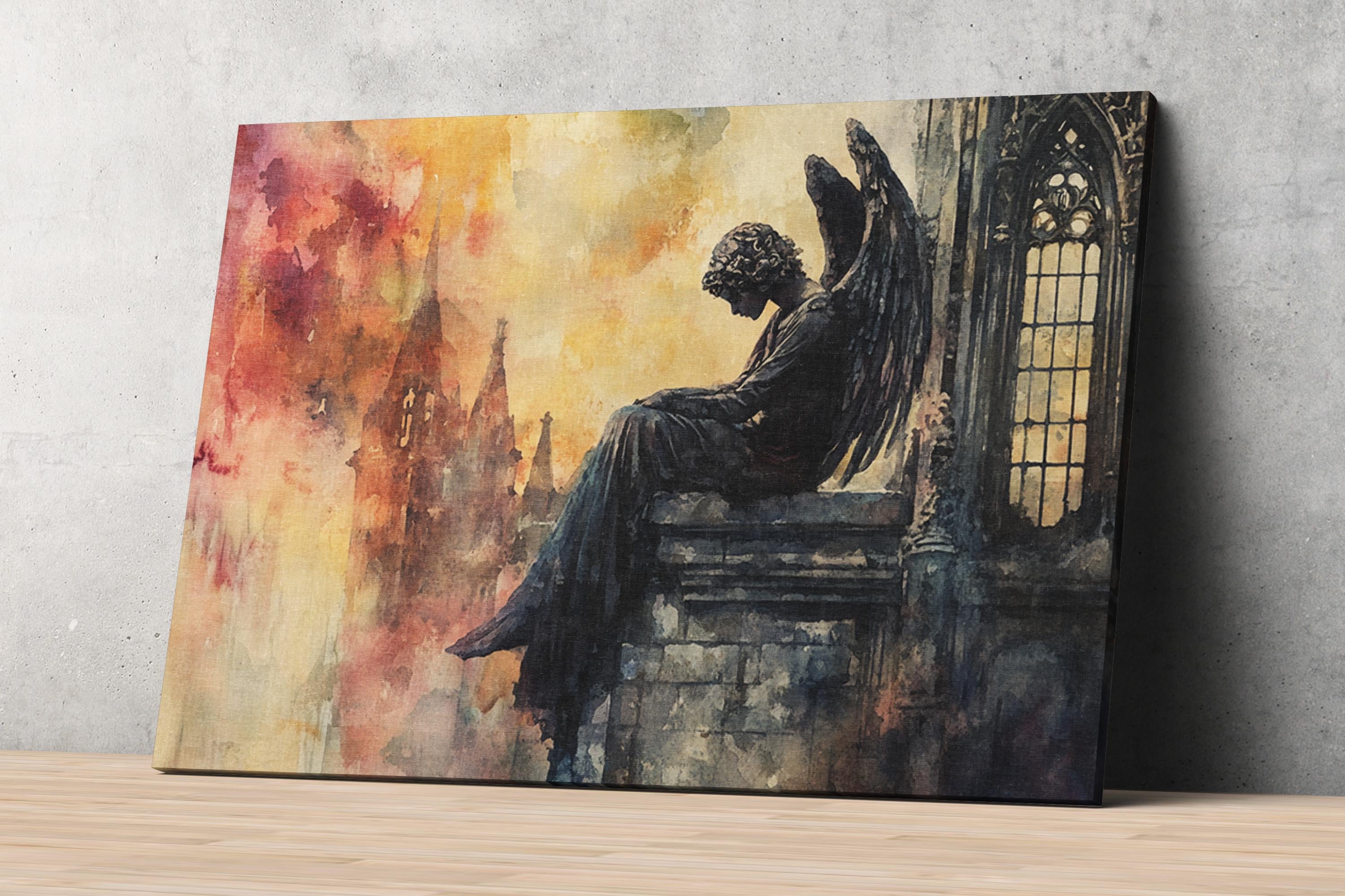 The image is a painting depicting a statue of an angel sitting on a ledge, with a Gothic-style building in the background.