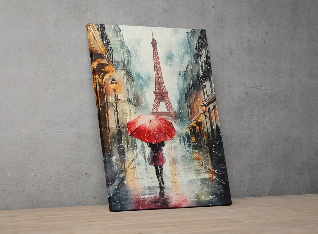 a rainy day in Paris, with a person walking down a street holding a red umbrella.