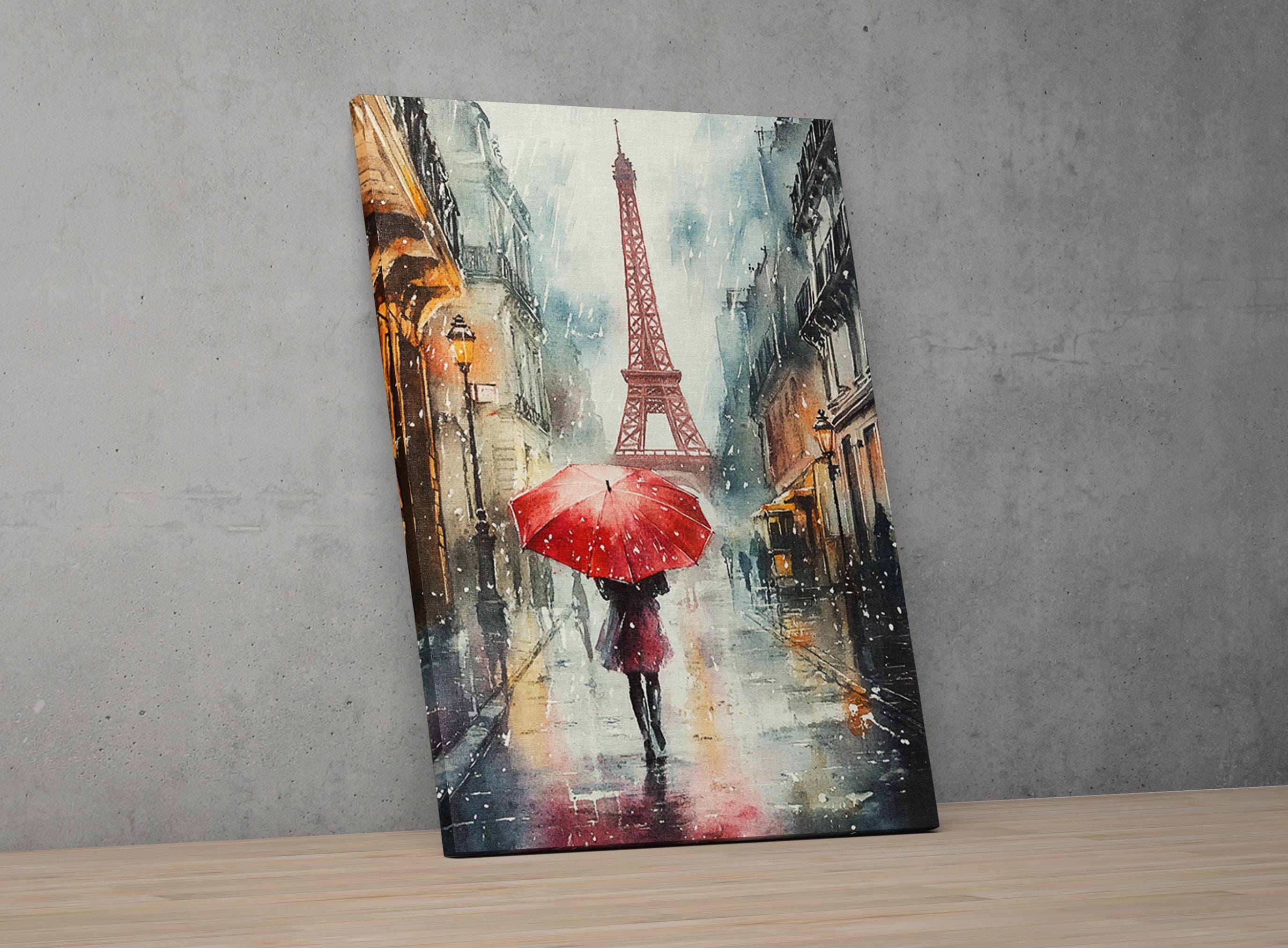 a rainy day in Paris, with a person walking down a street holding a red umbrella.