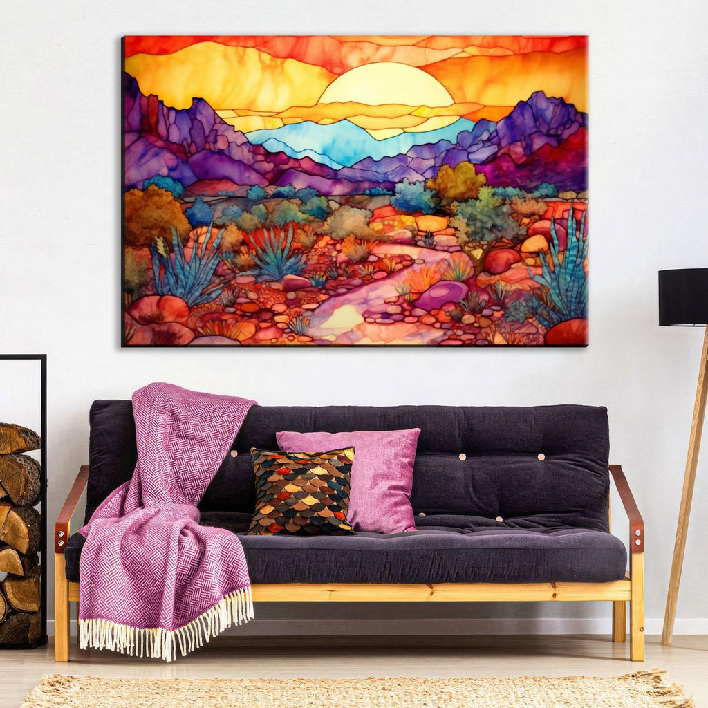 a vibrant, colorful painting of a desert landscape with mountains, cacti, and a sun in the sky.