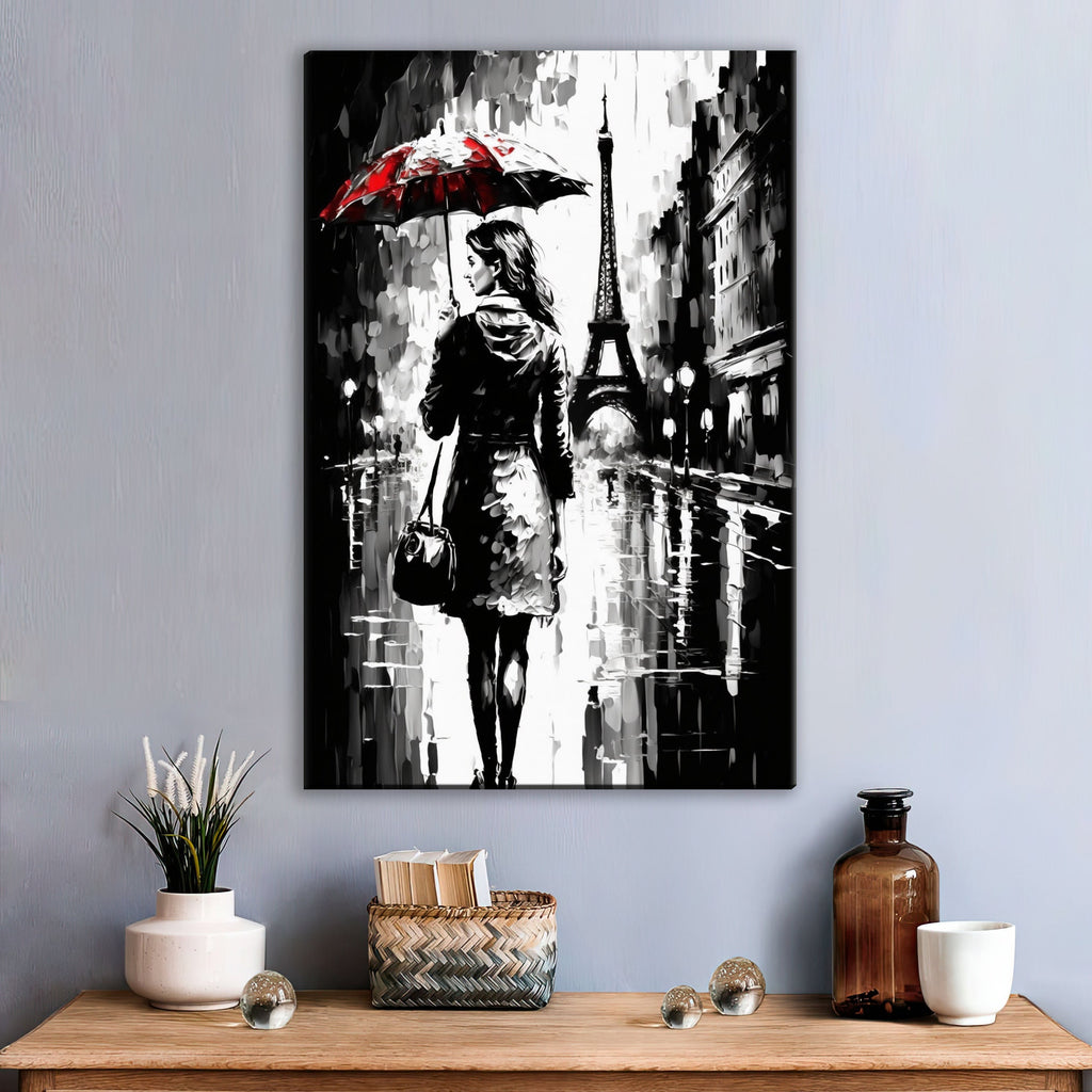 Parisian Cityscape Canvas – Monochrome Wall Art With Red Umbrella, Vintage Paris Print