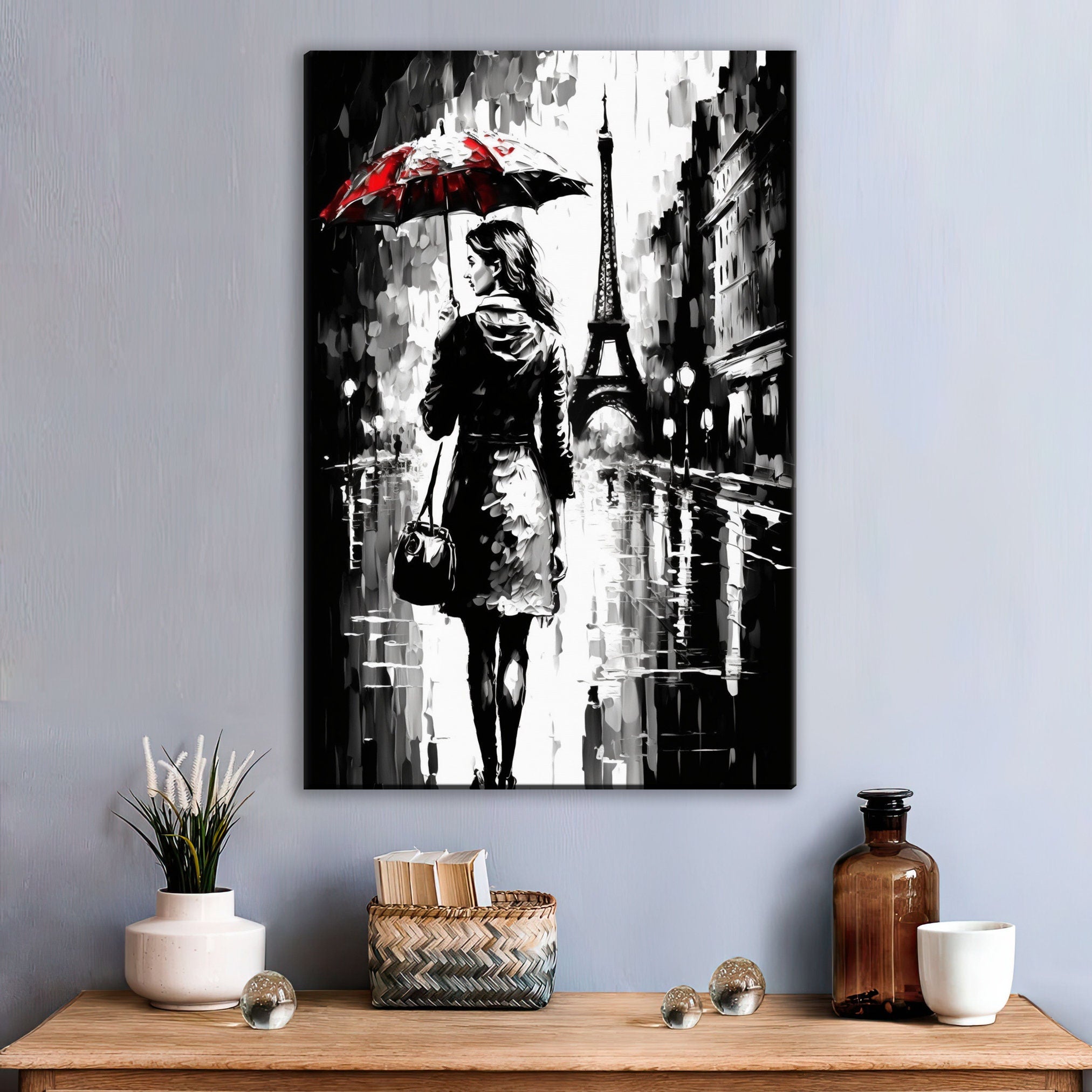 Parisian Cityscape Canvas – Monochrome Wall Art With Red Umbrella, Vintage Paris Print