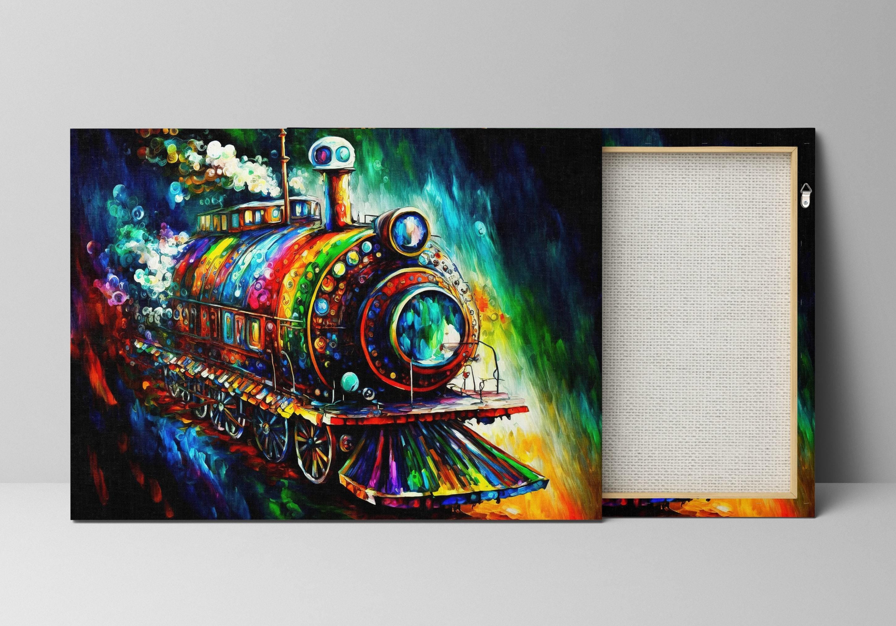 Steampunk Train Art – Colorful Locomotive Canvas with Vibrant Steam Engine Artwork