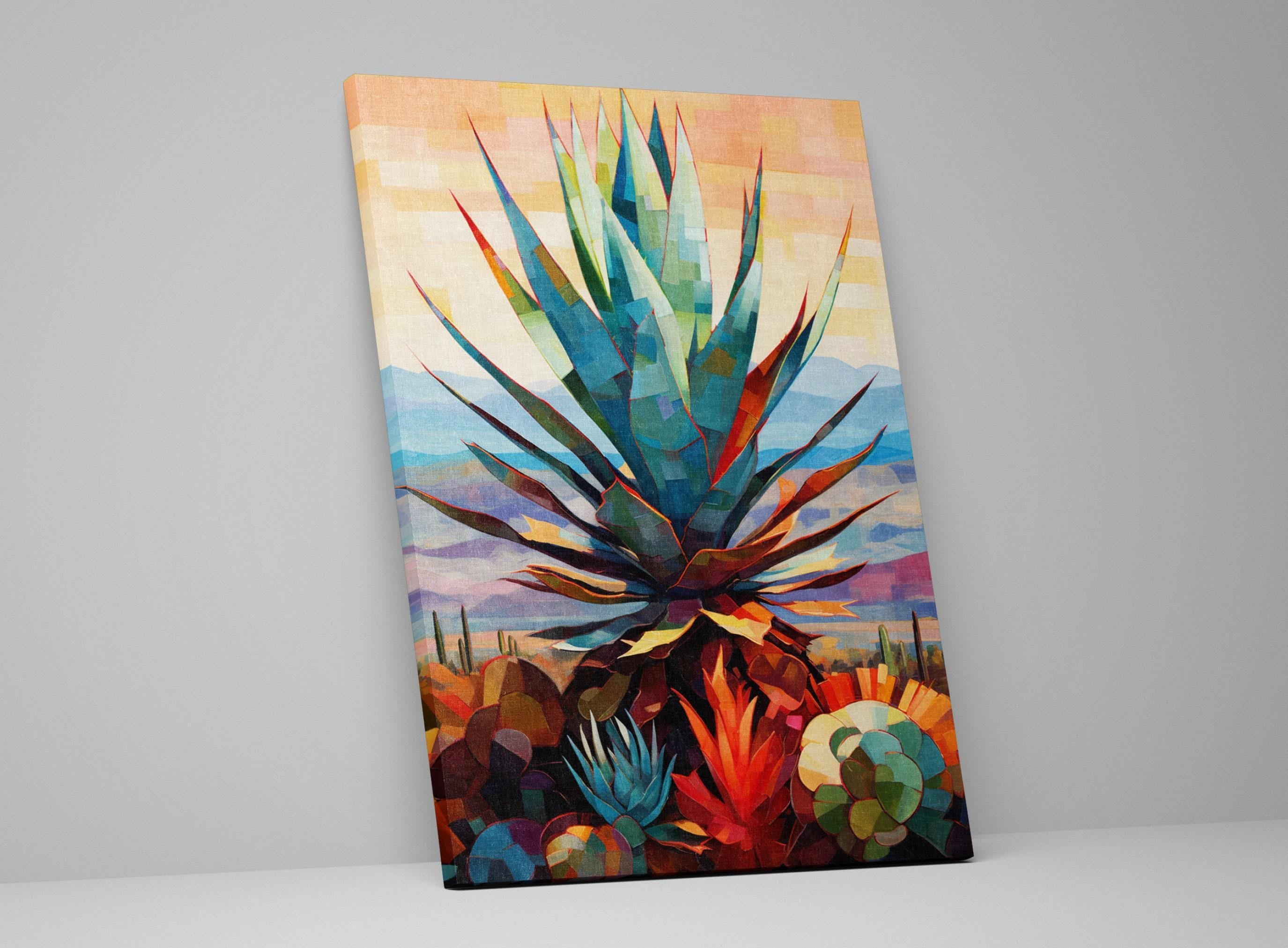 The image is a vibrant, colorful painting depicting a large, stylized cactus plant surrounded by a variety of other plants and flowers.