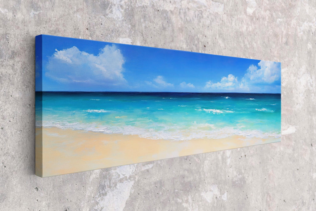 a painting of a blue ocean with white clouds