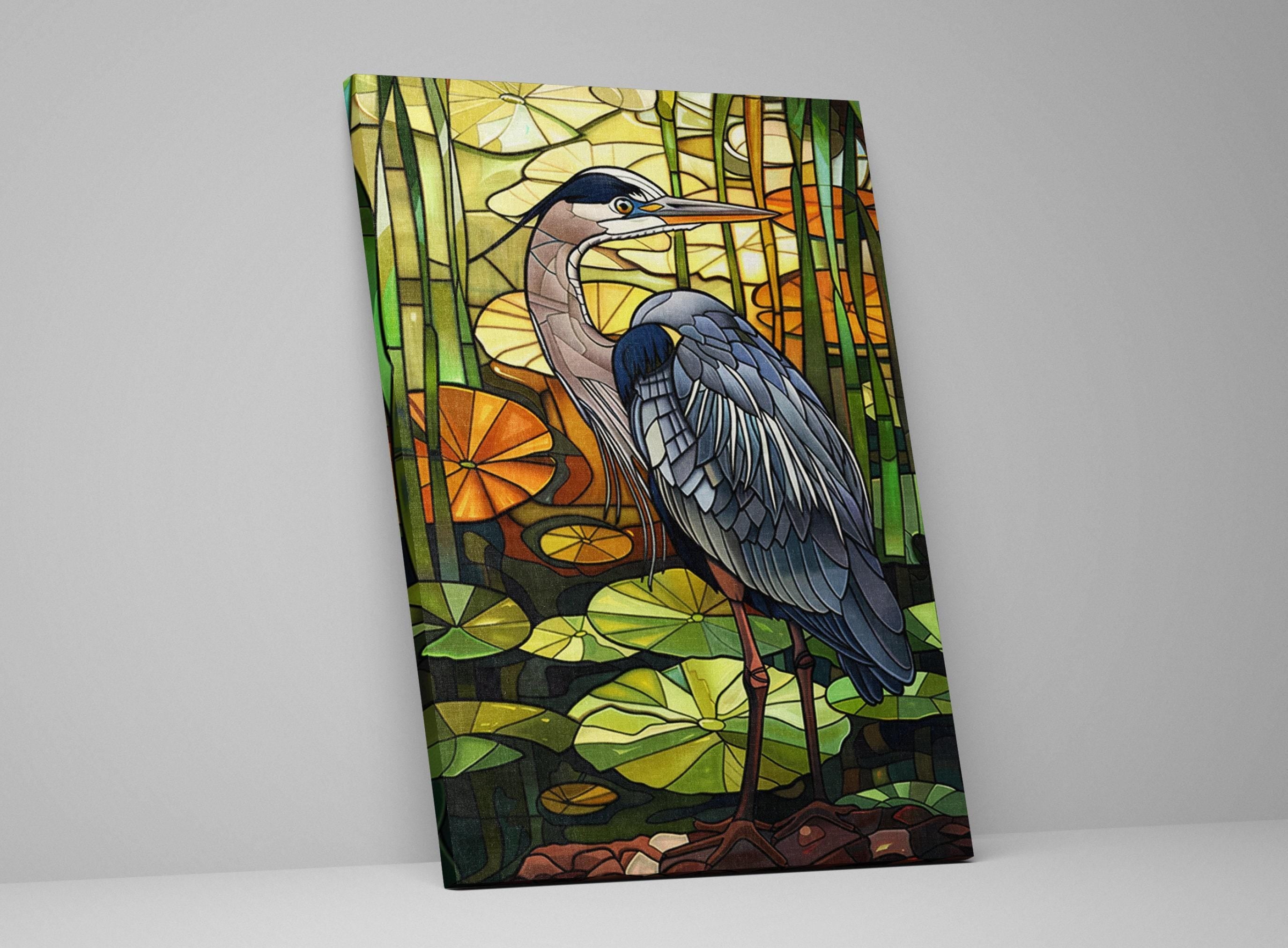 Blue Heron Canvas Art - Large Gallery Wrapped Stained Glass Style Print, Ready to Hang