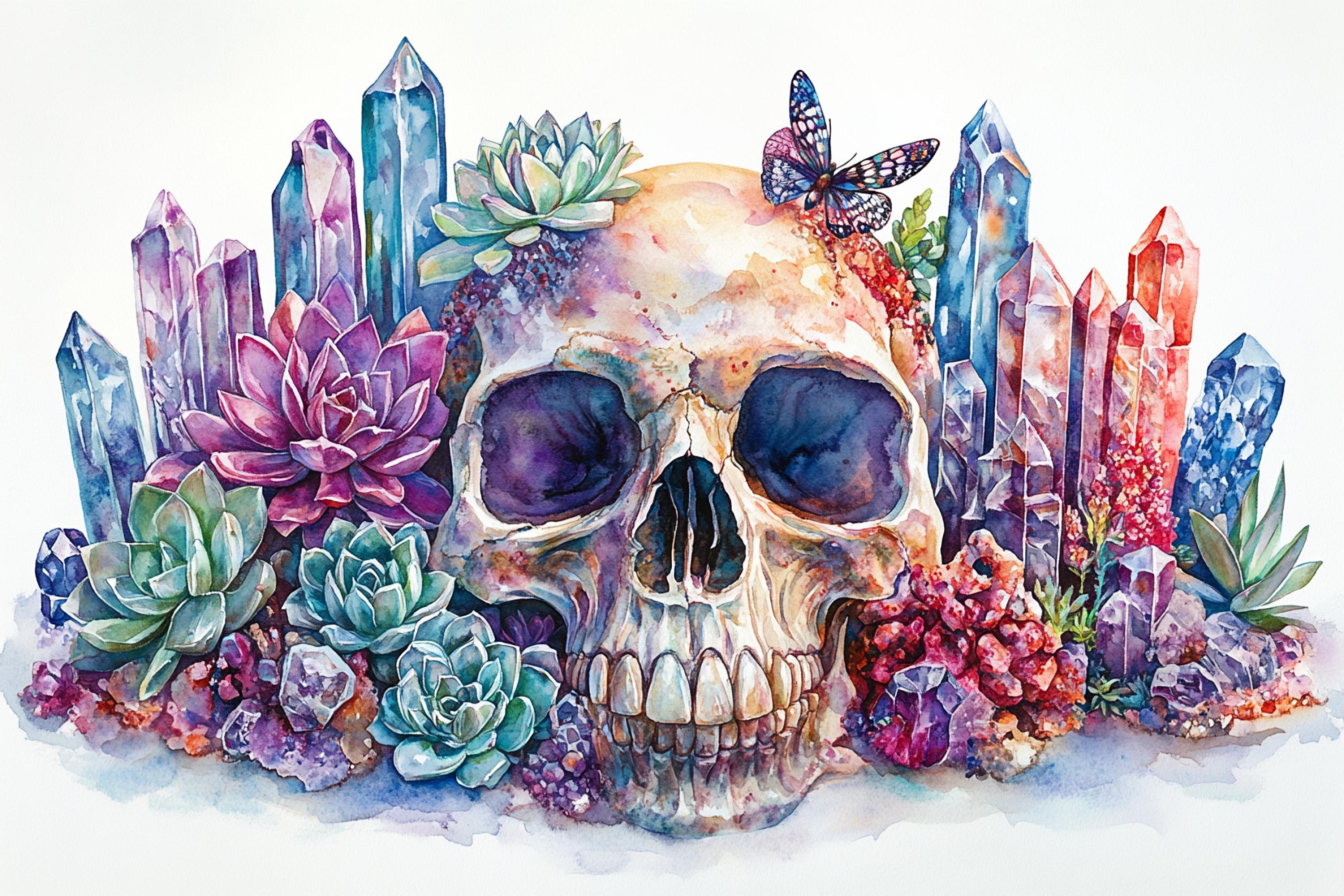 A watercolor painting depicting a skull surrounded by colorful crystals, succulents, and a butterfly.