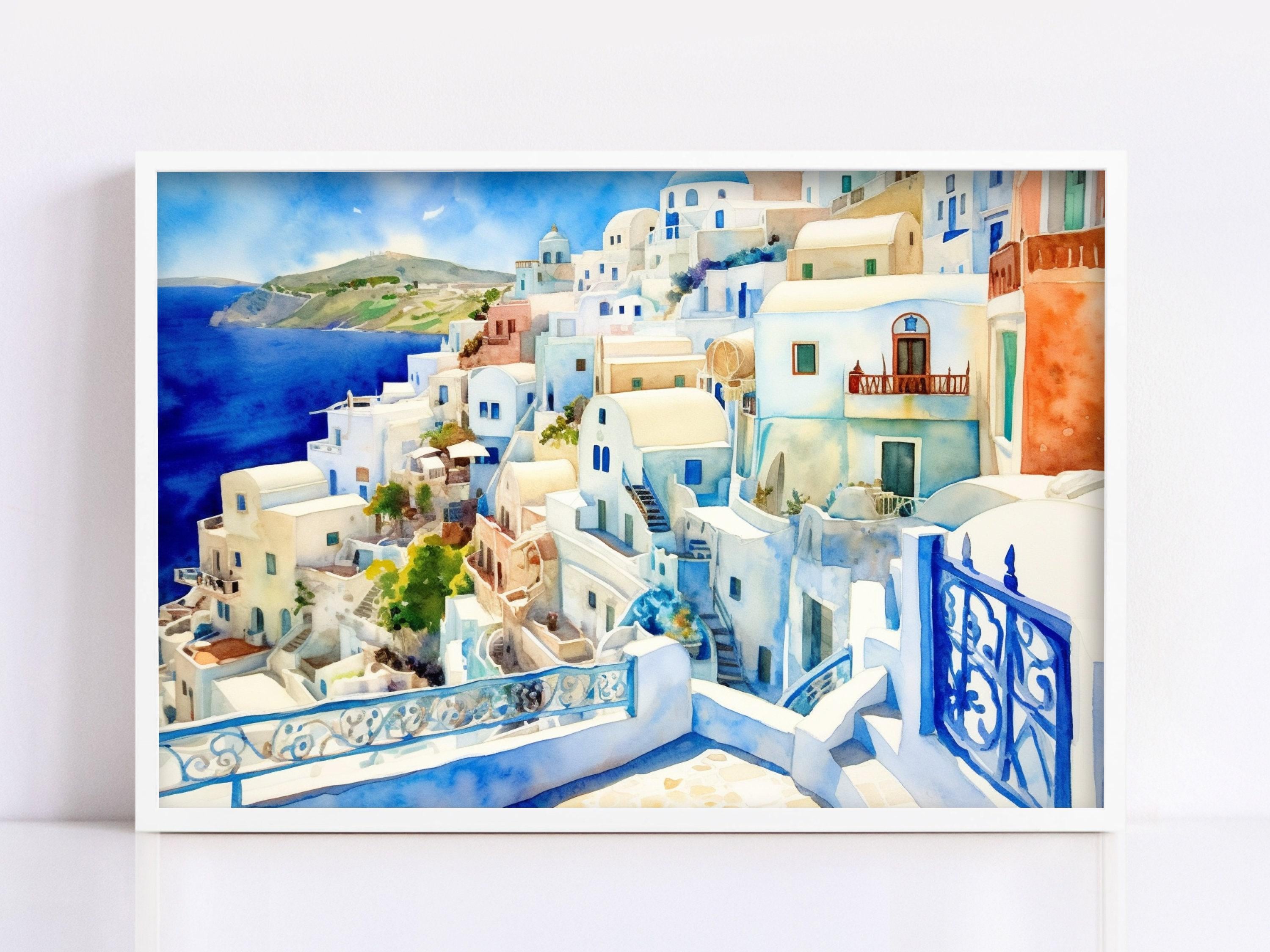 Santorini Village Watercolor, Coastal Greece Art, Giclee Print on Canvas, Artist Paper, Watercolor Paper, Available in Extra Large Sizes