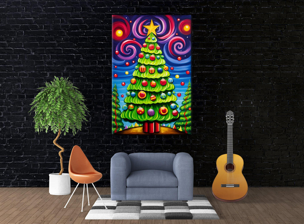 Christmas Canvas Art – Vibrant Color Burst Xmas Tree Painting on Gallery Wrapped Canvas