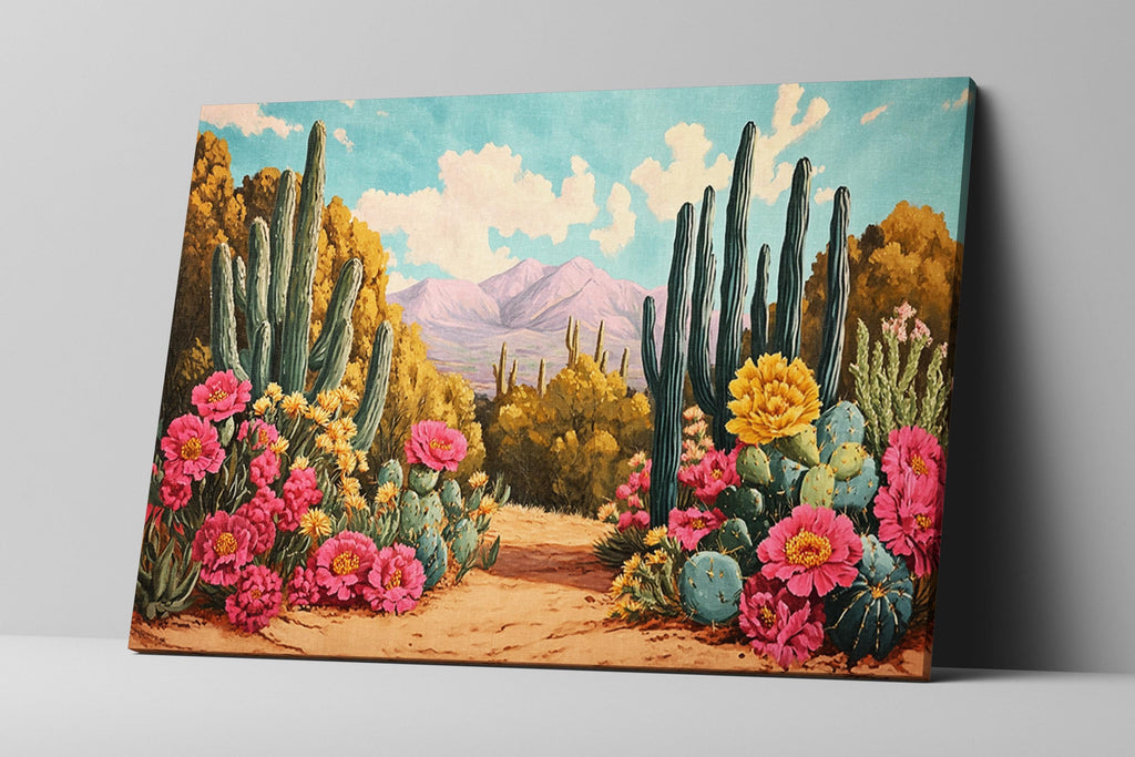 a painting of a desert scene with cacti and flowers