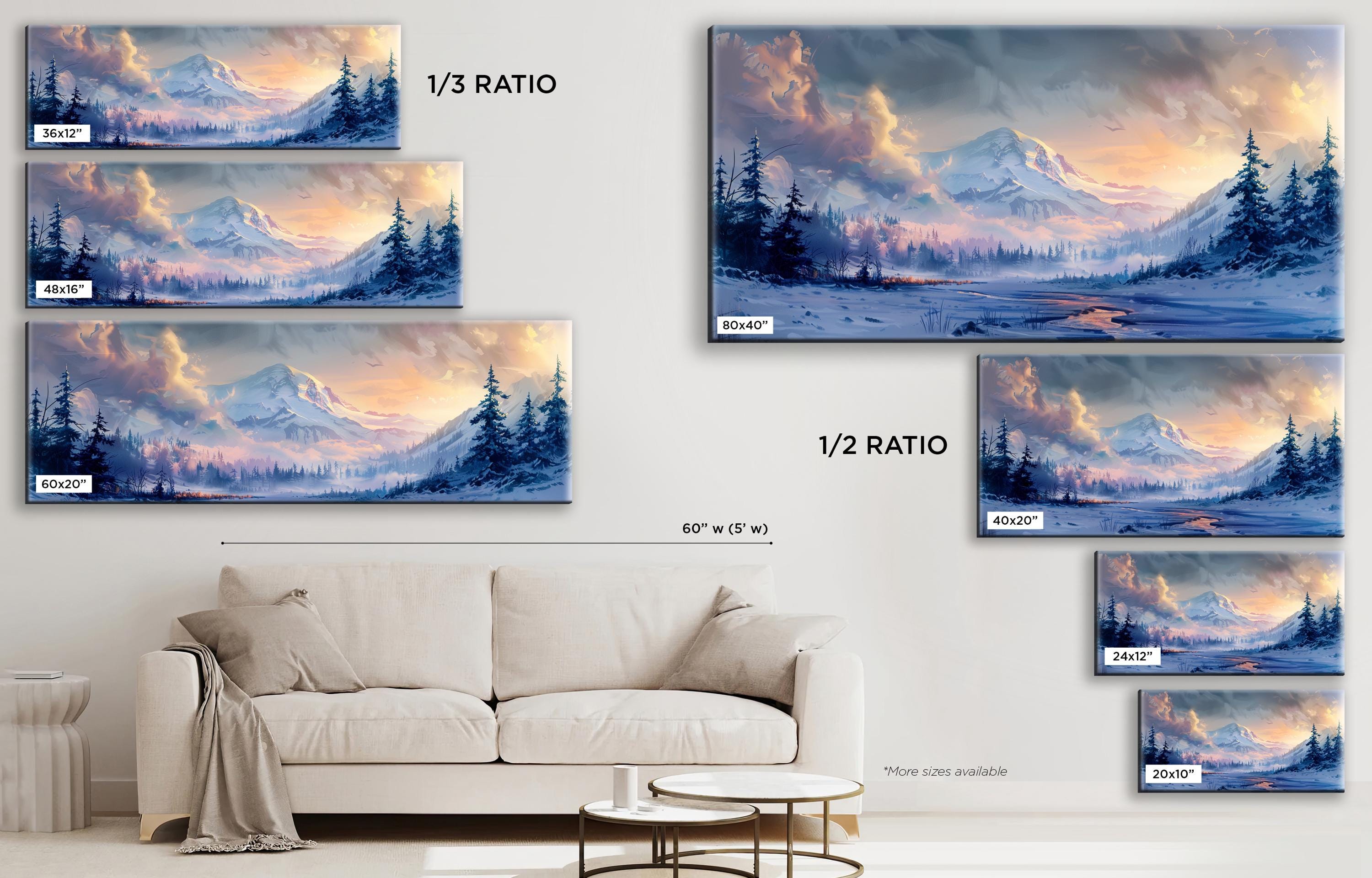 a living room with a couch and paintings on the wall