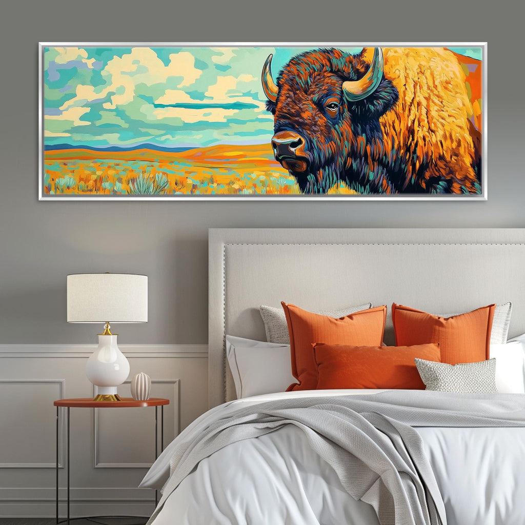 a painting of a bison on a wall above a bed