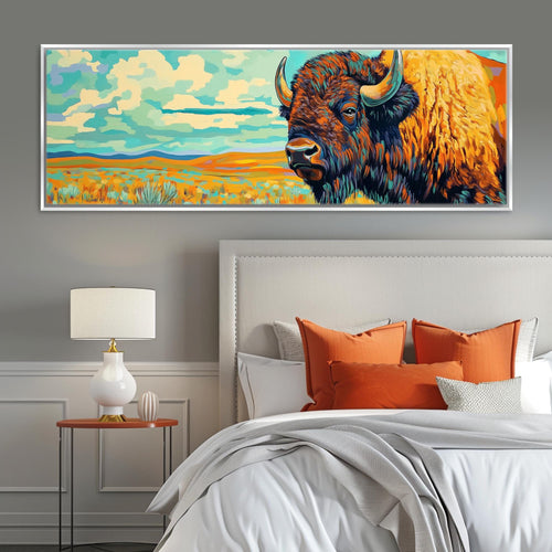 a painting of a bison on a wall above a bed