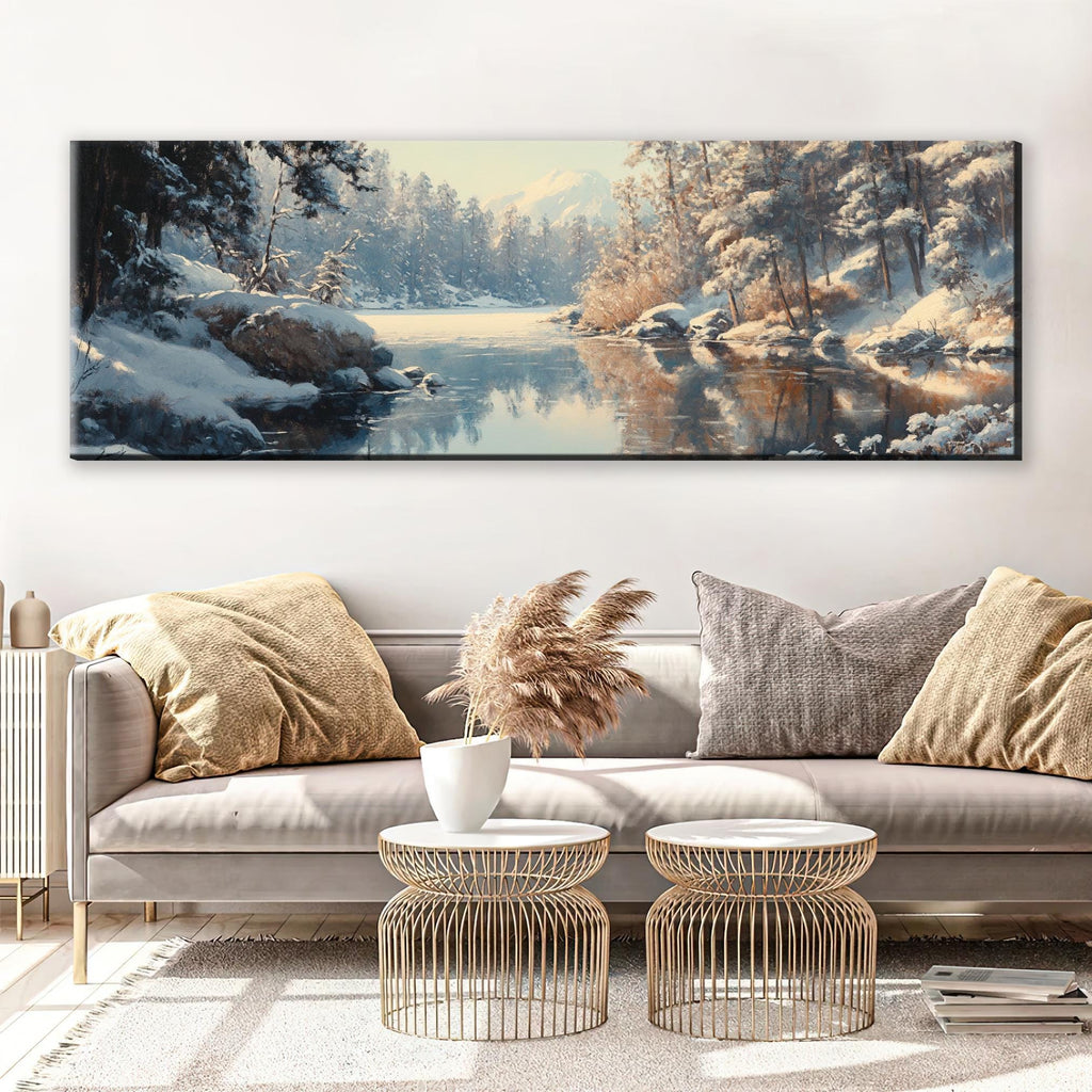 a living room with a couch and a painting on the wall