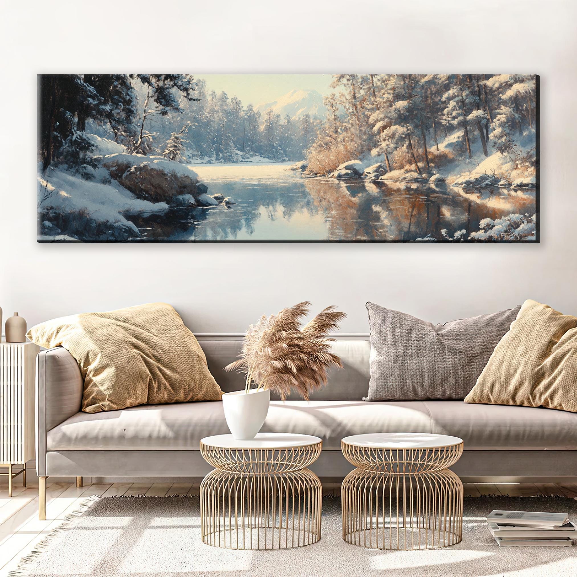 a living room with a couch and a painting on the wall