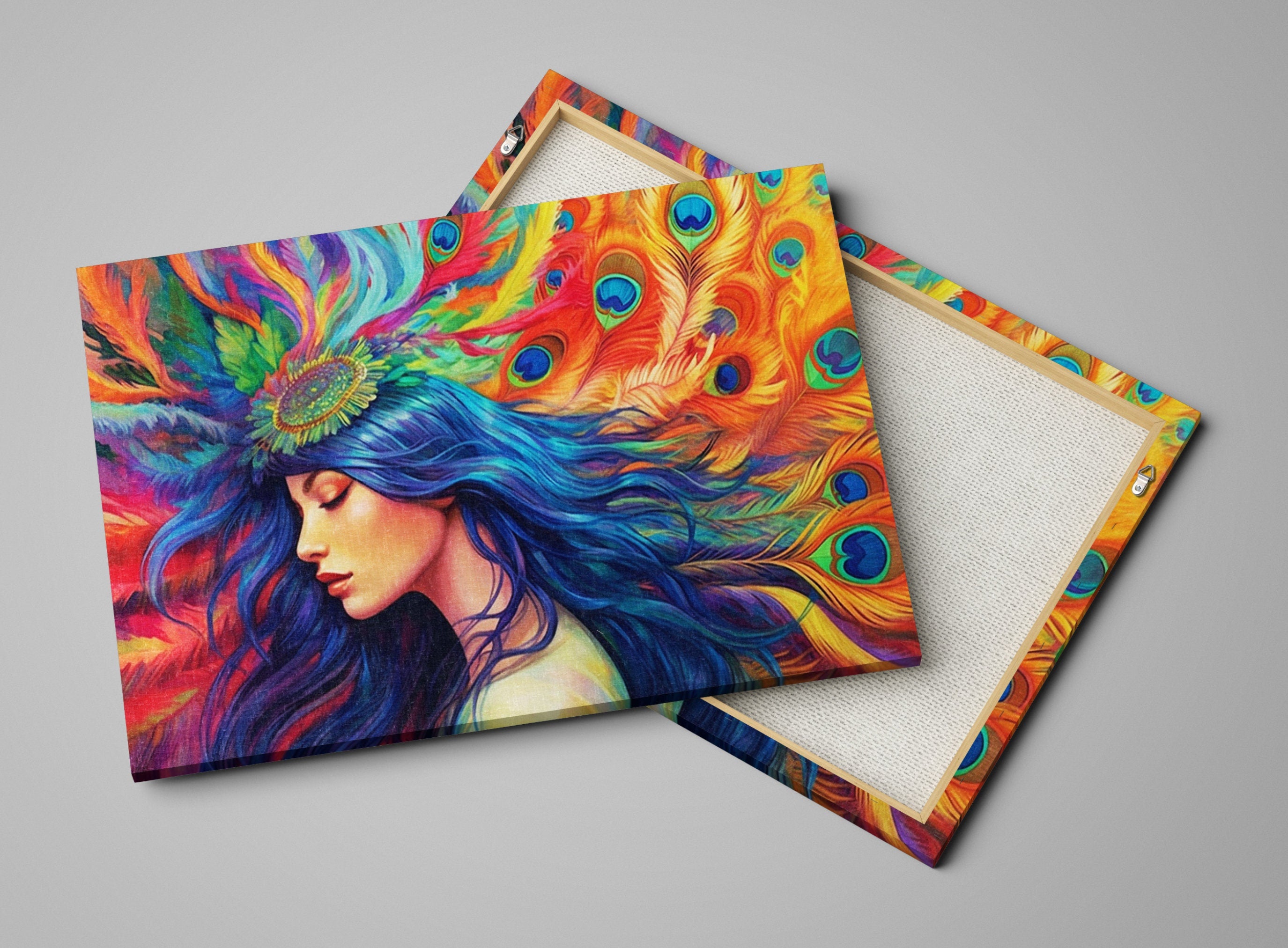 Peacock Feather Wall Art – Elegant Woman Portrait Canvas with Ornate Feather Headpiece