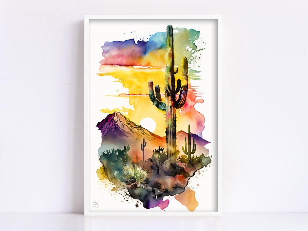 Sunset Over Desert: Watercolor Desert Landscape Print, Giclee Print Canvas, Artist Paper, Watercolor Paper, Available in Extra Large Sizes