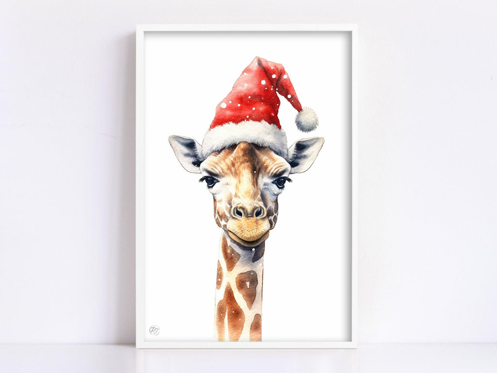 Festive Giraffe in Santa Hat Watercolor Art Print, Giclee Print on Canvas, Artist Paper, Watercolor Paper, Available in Extra Large Sizes