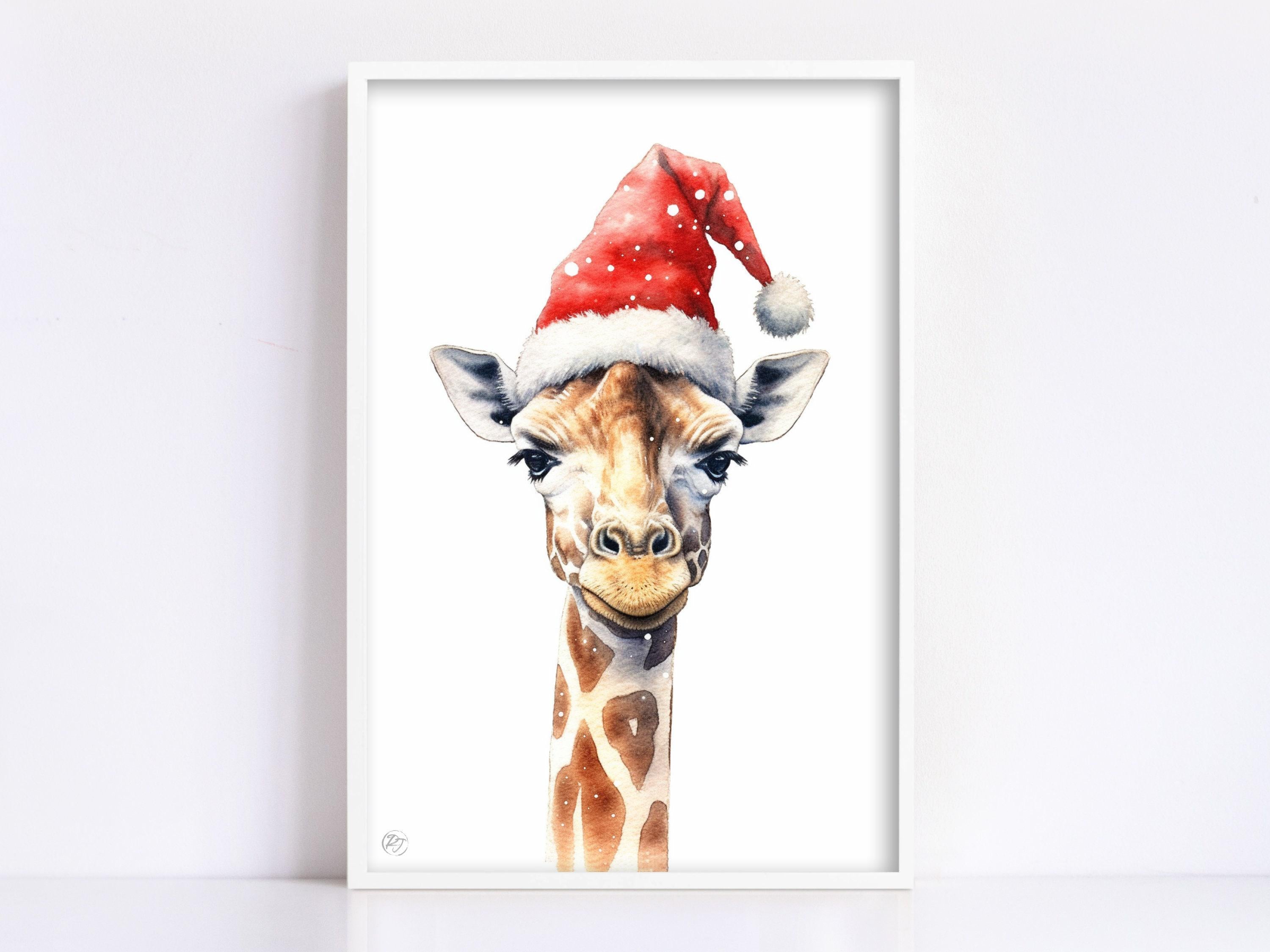 Festive Giraffe in Santa Hat Watercolor Art Print, Giclee Print on Canvas, Artist Paper, Watercolor Paper, Available in Extra Large Sizes