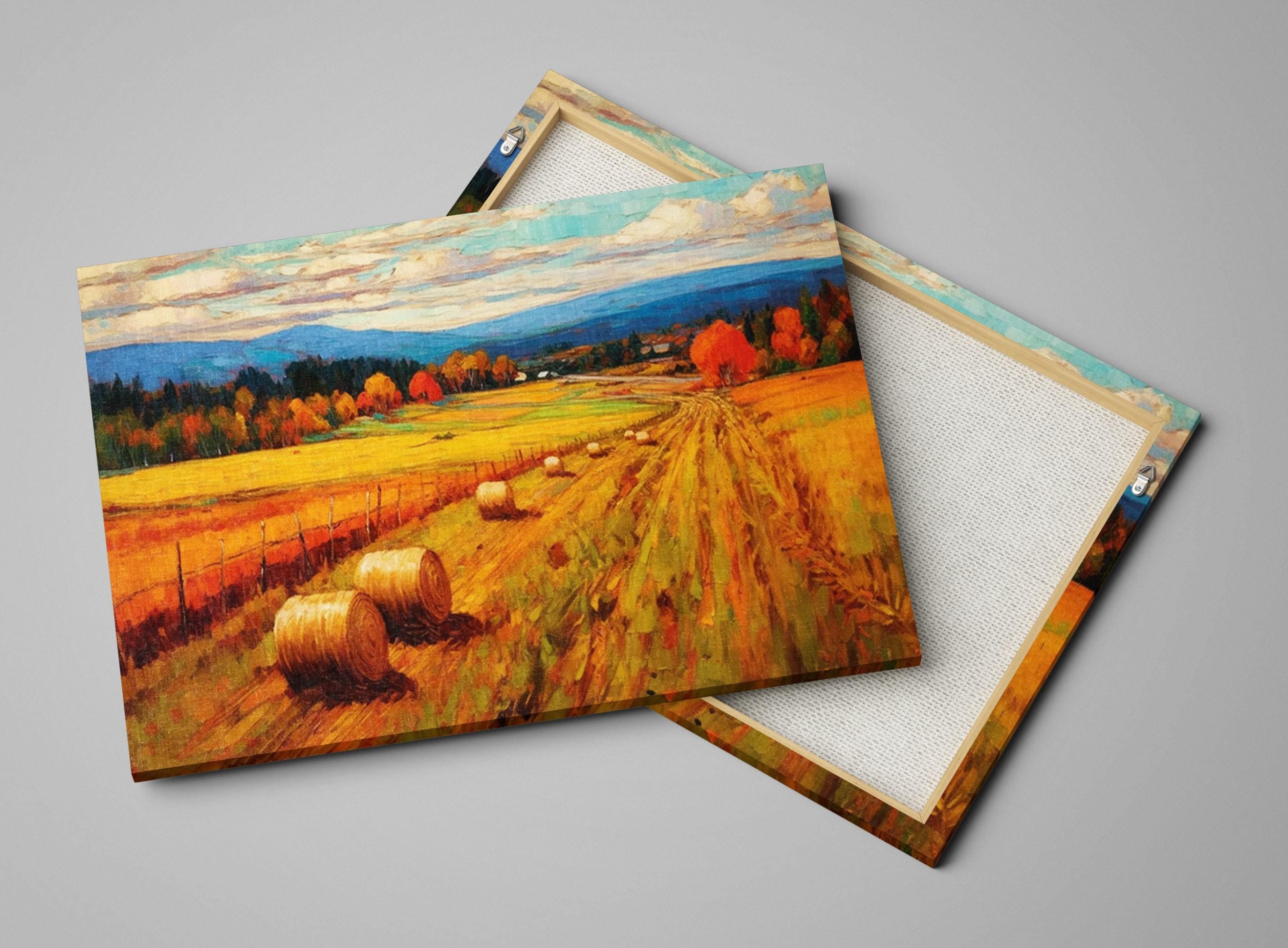 Rural Canvas Wall Art – Large Canvas Art with Hay Bale Painting, Rustic Home Decor