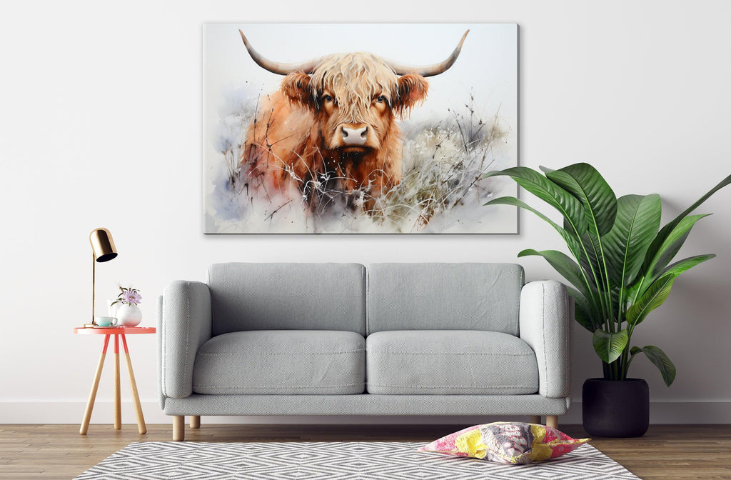 Watercolor Highland Cow Wall Art Print, Giclee Print on Canvas, Artist Paper, Watercolor Paper, Available in Extra Large Sizes