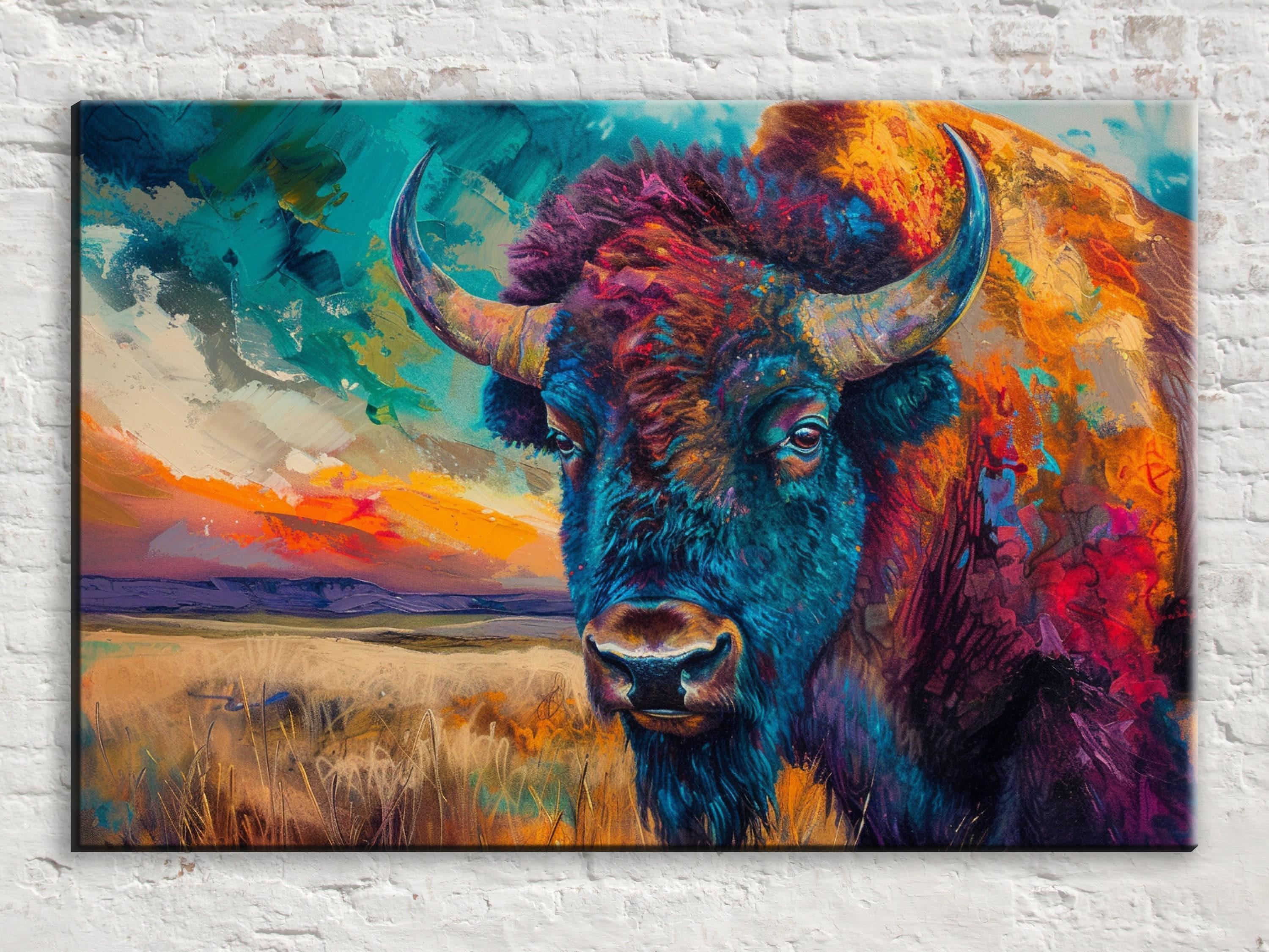 A vibrant painting of a bison with large, curved horns set against a colorful, abstract landscape with a sunset in the background.