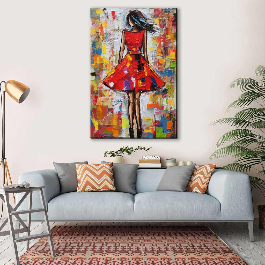 Red Dress Wall Art – Elegant Feminine Canvas Print with Impasto Painting