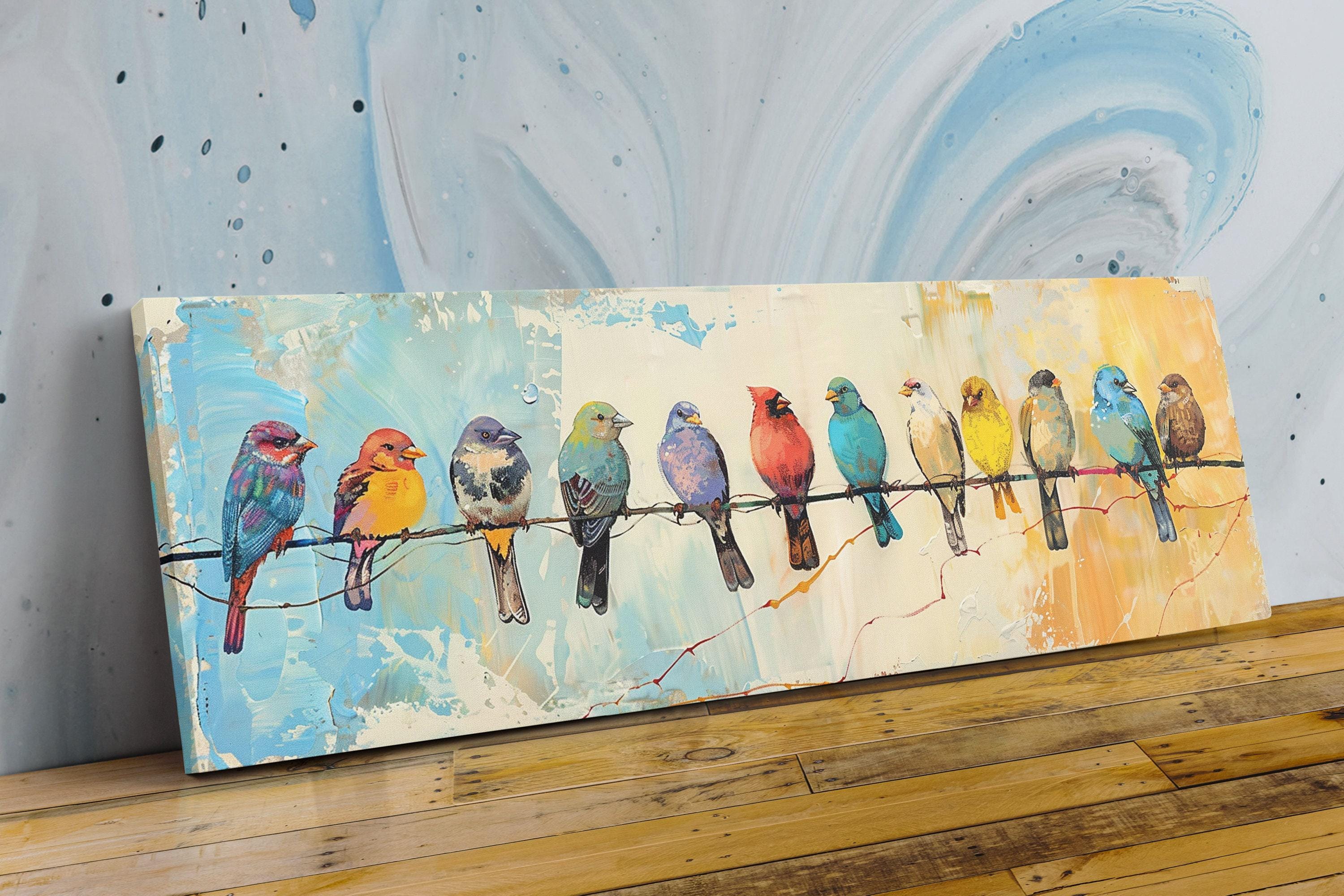 A painting depicting a group of colorful birds perched on a wire against a blue and white background.