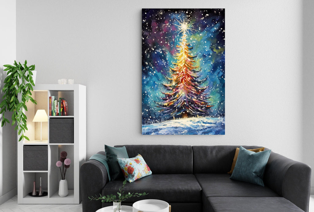 Magical Christmas Tree Watercolor - Holiday Wall Art, Giclee Print on Canvas, Artist Paper, Watercolor Paper, Available in Extra Large Sizes