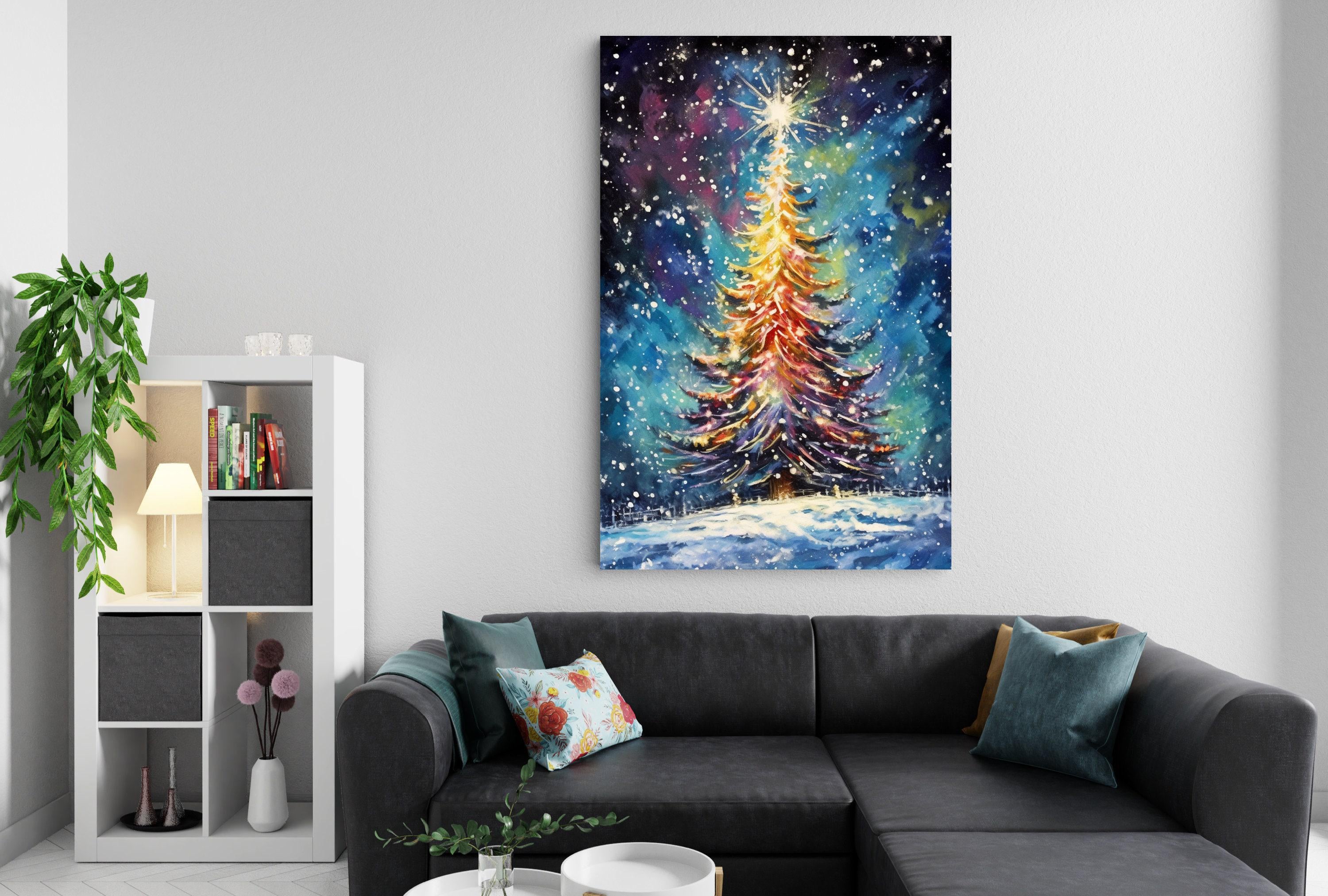 Magical Christmas Tree Watercolor - Holiday Wall Art, Giclee Print on Canvas, Artist Paper, Watercolor Paper, Available in Extra Large Sizes