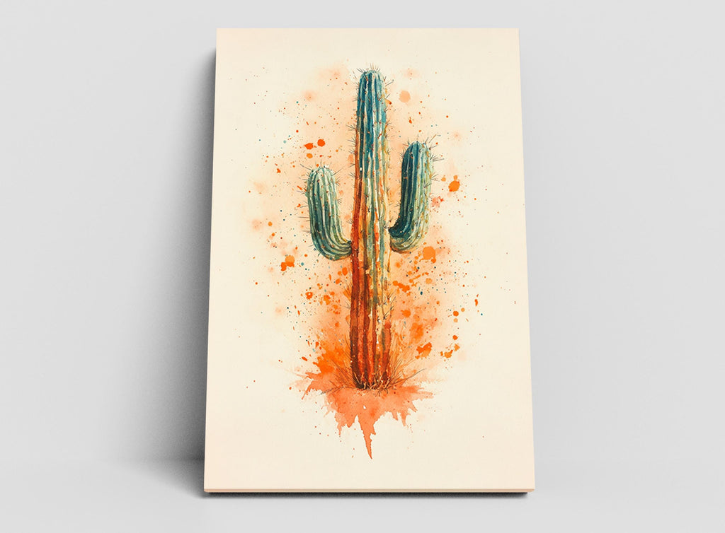 A watercolor painting of a cactus with a vibrant orange and green color scheme, surrounded by splashes of orange paint.