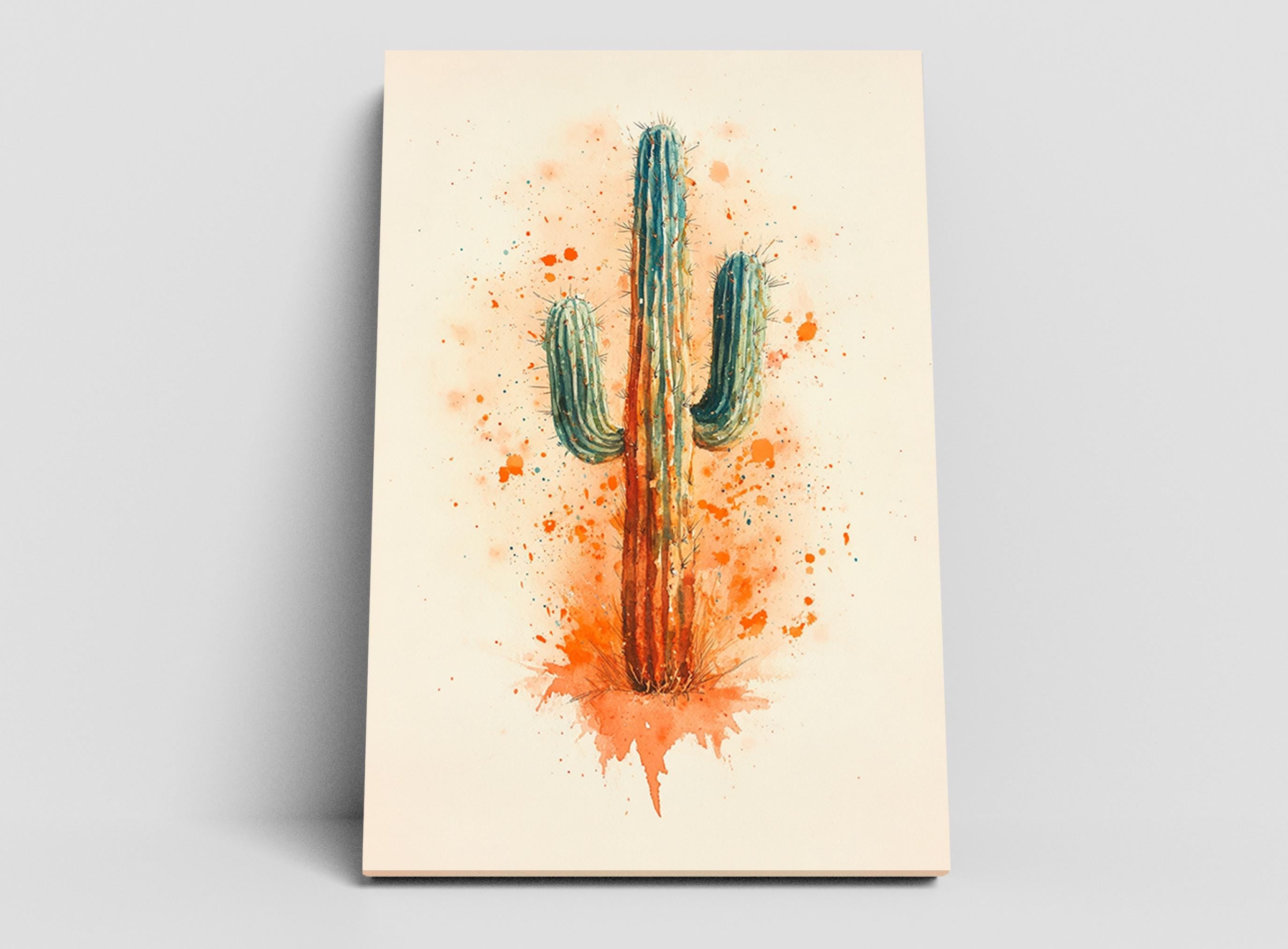 A watercolor painting of a cactus with a vibrant orange and green color scheme, surrounded by splashes of orange paint.