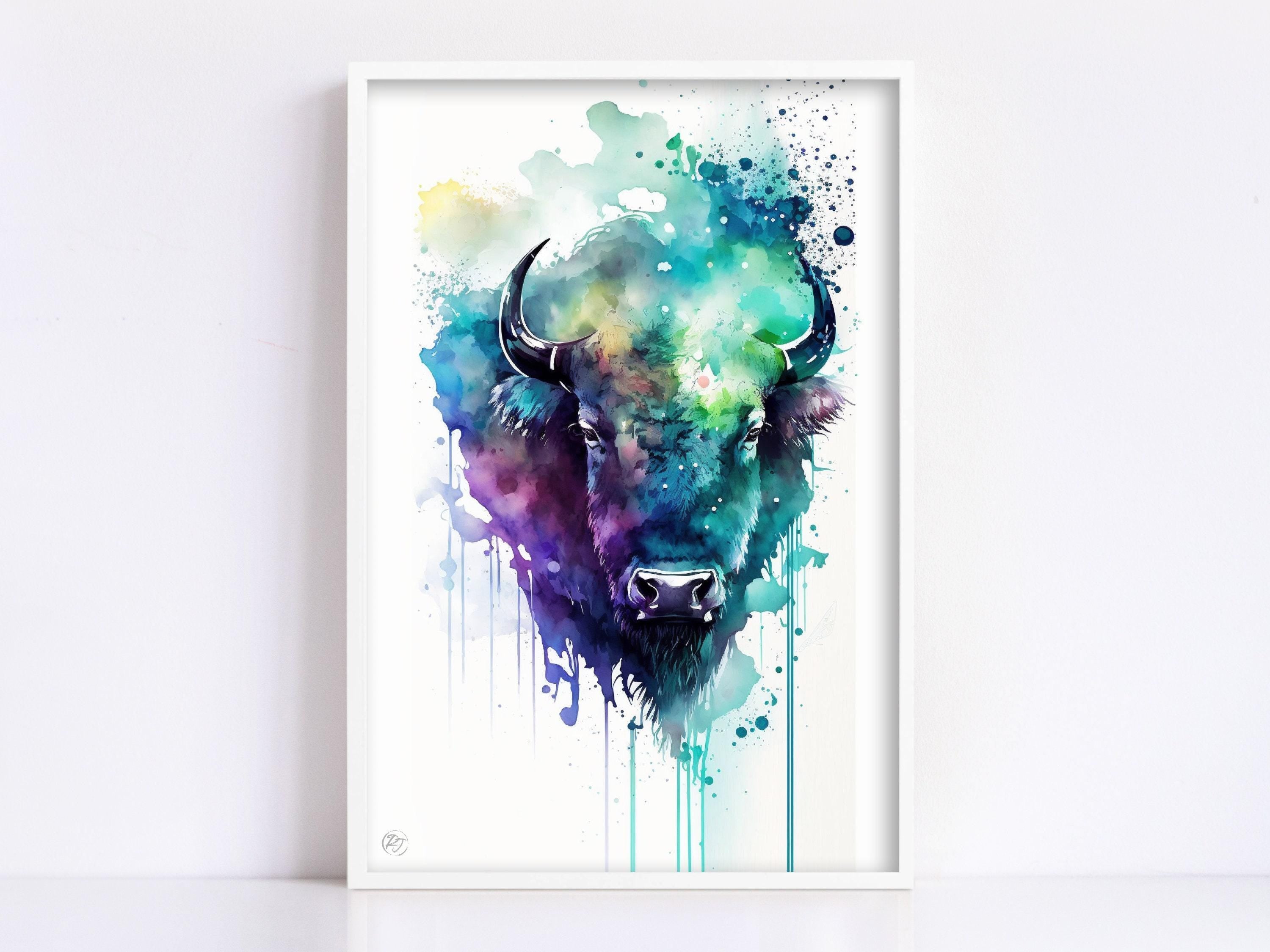 American Bison Portrait: Watercolor Wall Decor Print, Giclee Print on Canvas, Artist Paper, Watercolor Paper, Available in Extra Large Sizes