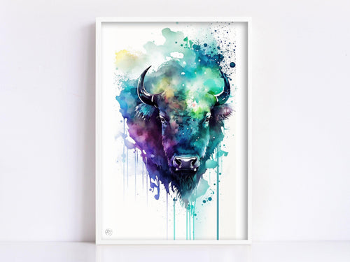 American Bison Portrait: Watercolor Wall Decor Print, Giclee Print on Canvas, Artist Paper, Watercolor Paper, Available in Extra Large Sizes