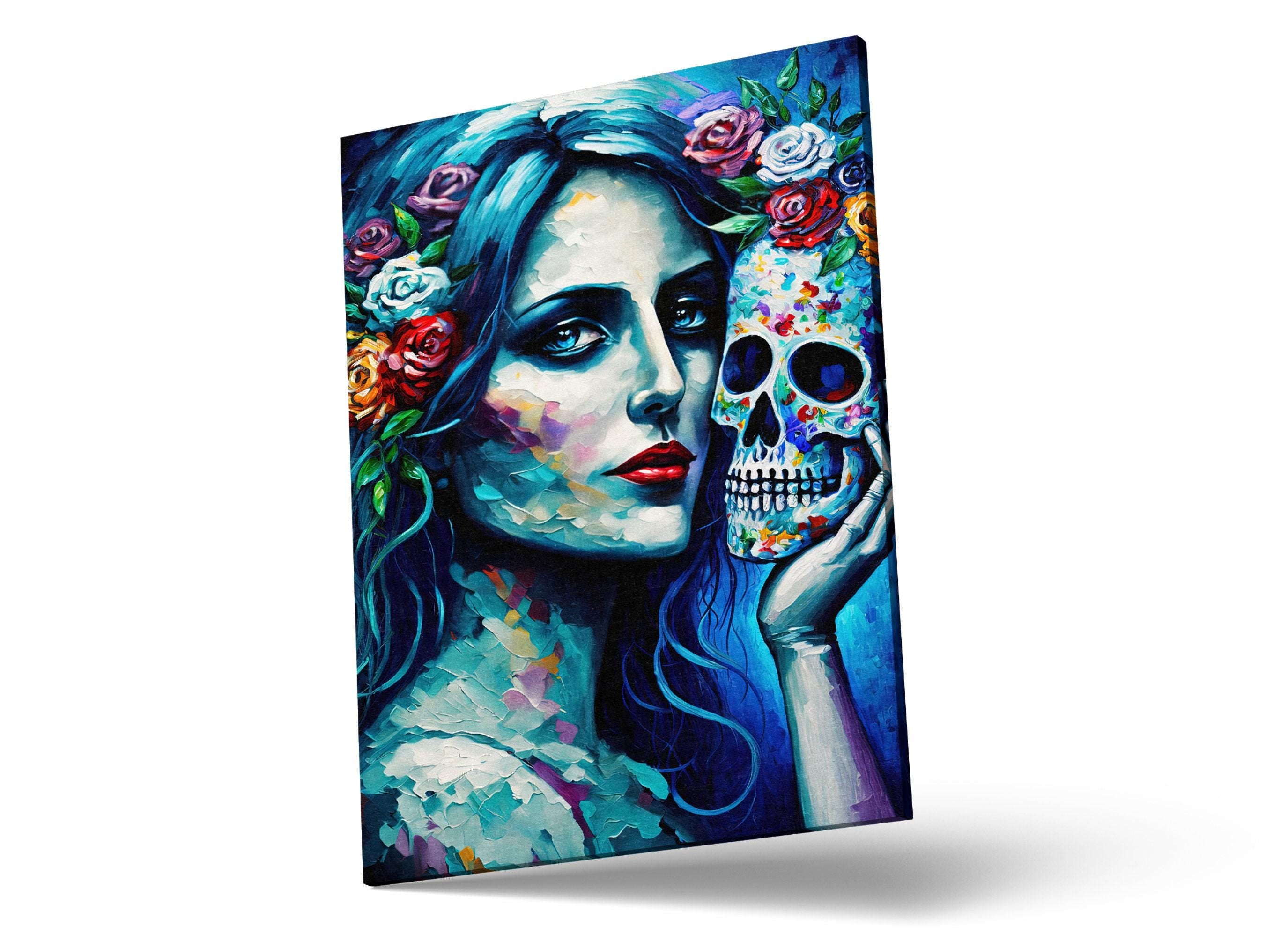 Blue Sugar Skull Canvas - Day of the Dead Art | Gallery Wrapped, Ready to Hang, Extra Large