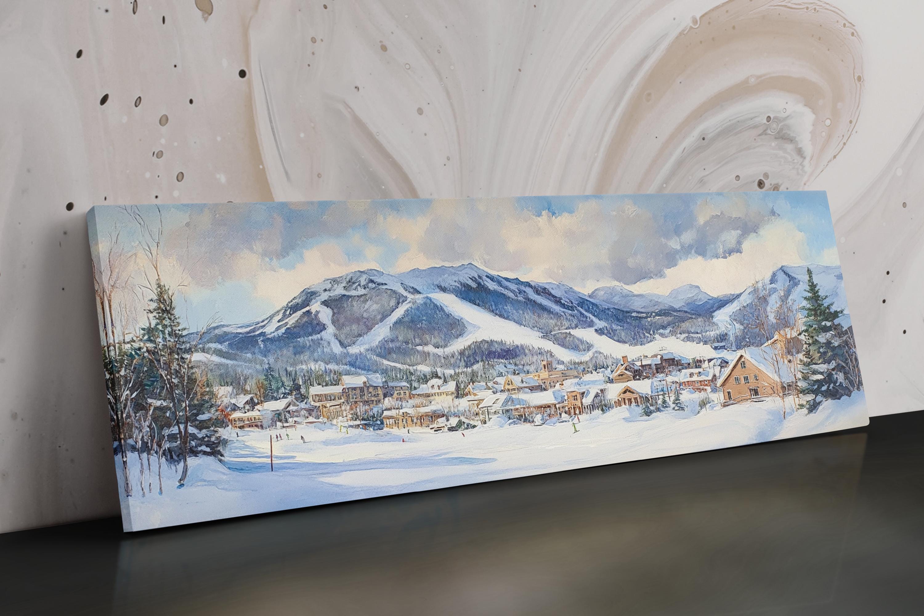 a painting of a snowy mountain town
