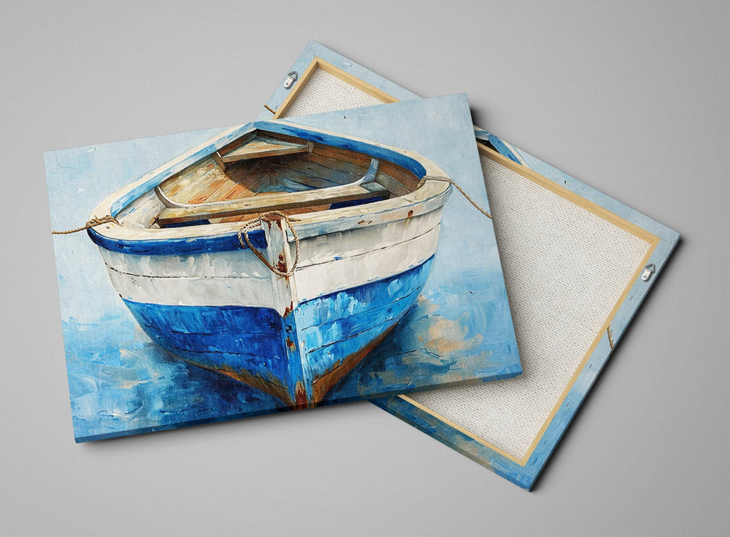 a blue and white boat resting on a body of water, with a rope tied to the boat.