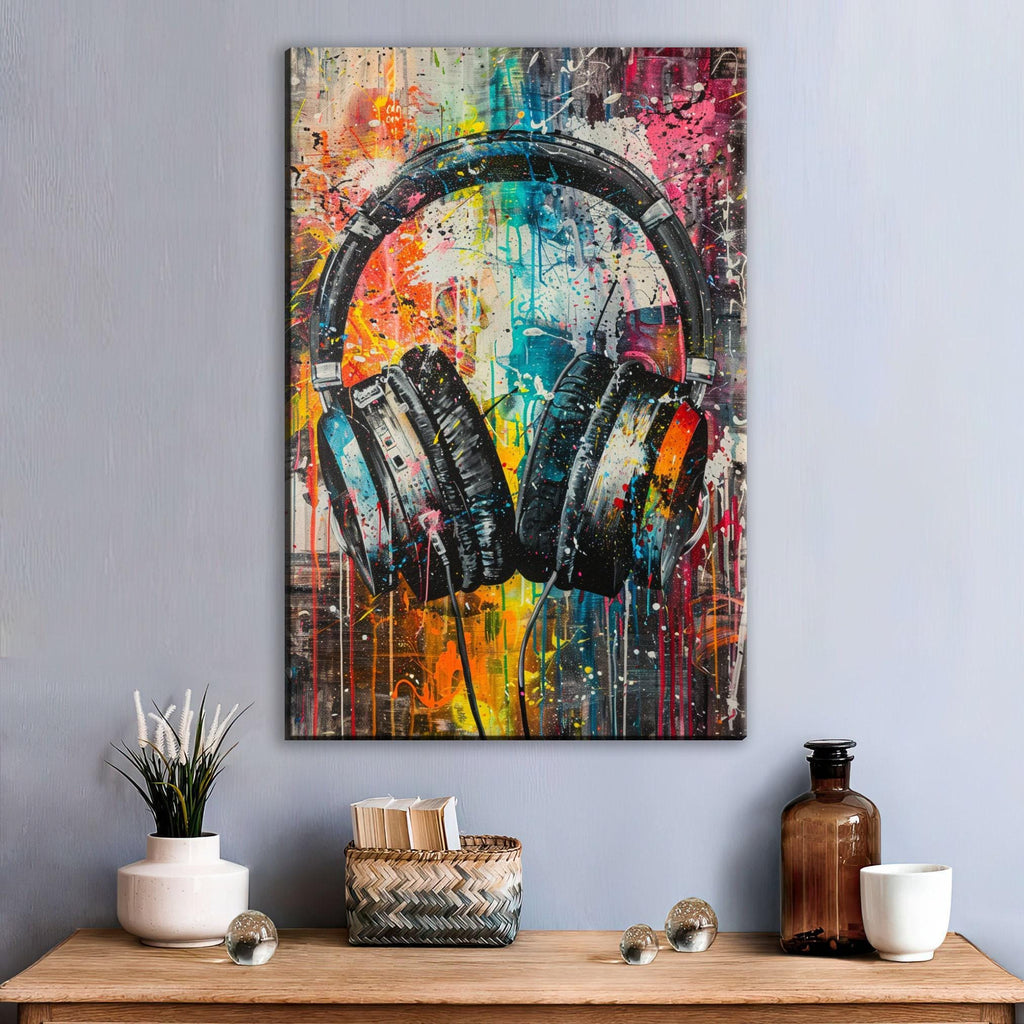 Colorful Headphones Wall Art - Large Canvas Print | Vibrant Music Decor