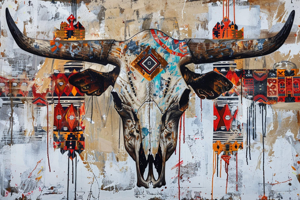 Native Cow Skull Art – Large Canvas Wall Art | Abstract Tribal Pattern Print