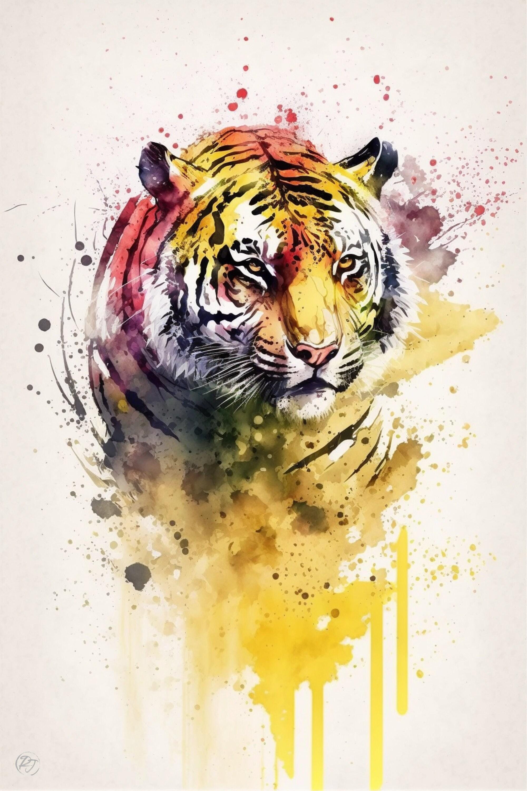 Vibrant Wild Spirit: Tiger Watercolor Wall Art, Giclee Print on Canvas, Artist Paper, Watercolor Paper, Available in Extra Large Sizes
