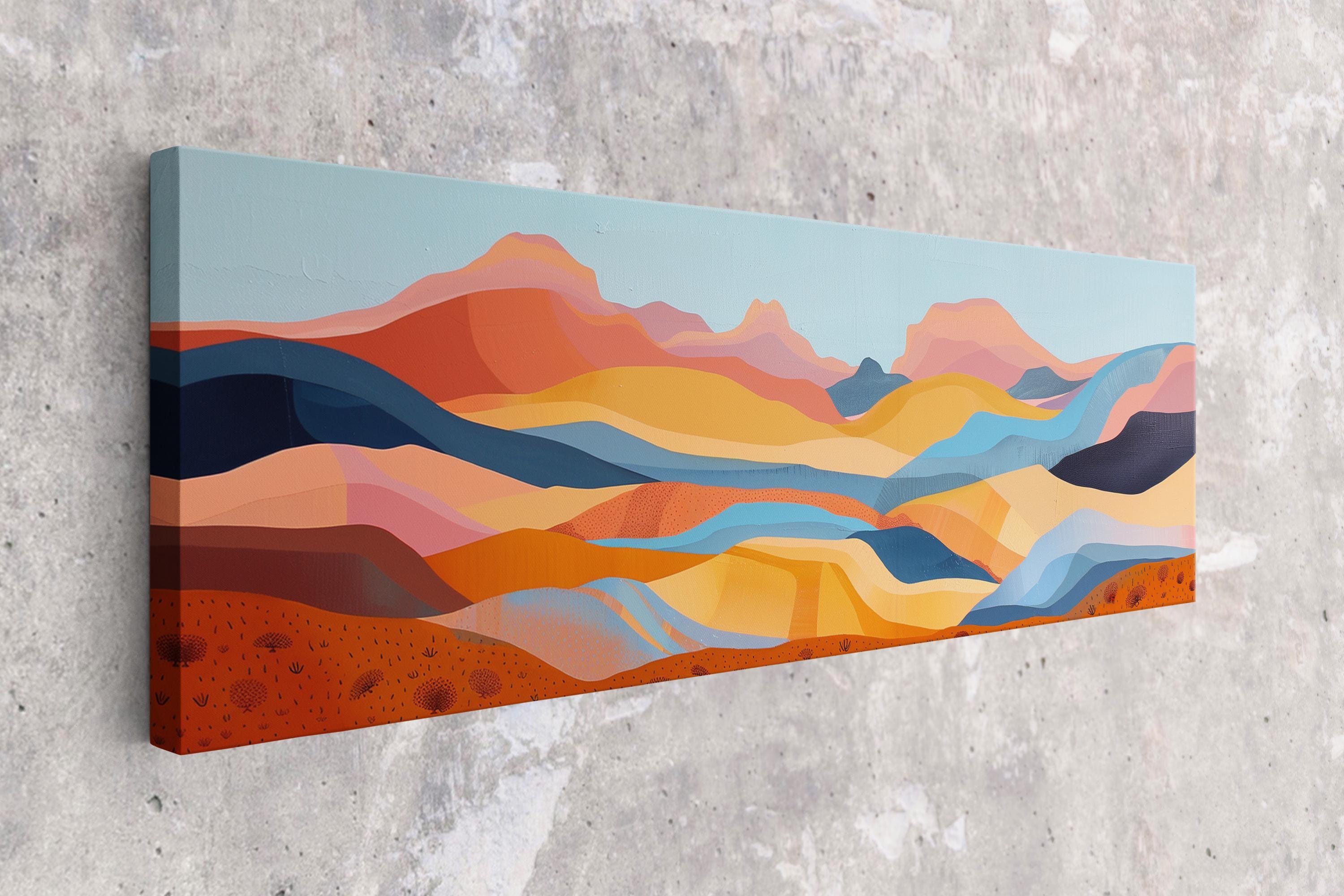 Boho Southwest Wall Art – Panoramic Framed Canvas | Oversized Desert Mountain Painting