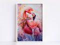 A vibrant painting of a flamingo standing in a martini glass, with splashes of color and a lively, playful atmosphere.