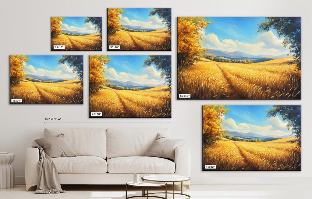 The image is a collage of six paintings depicting a serene landscape with a field of golden wheat under a blue sky with clouds. The paintings are arranged on a wall, and there is a white couch in the foreground.